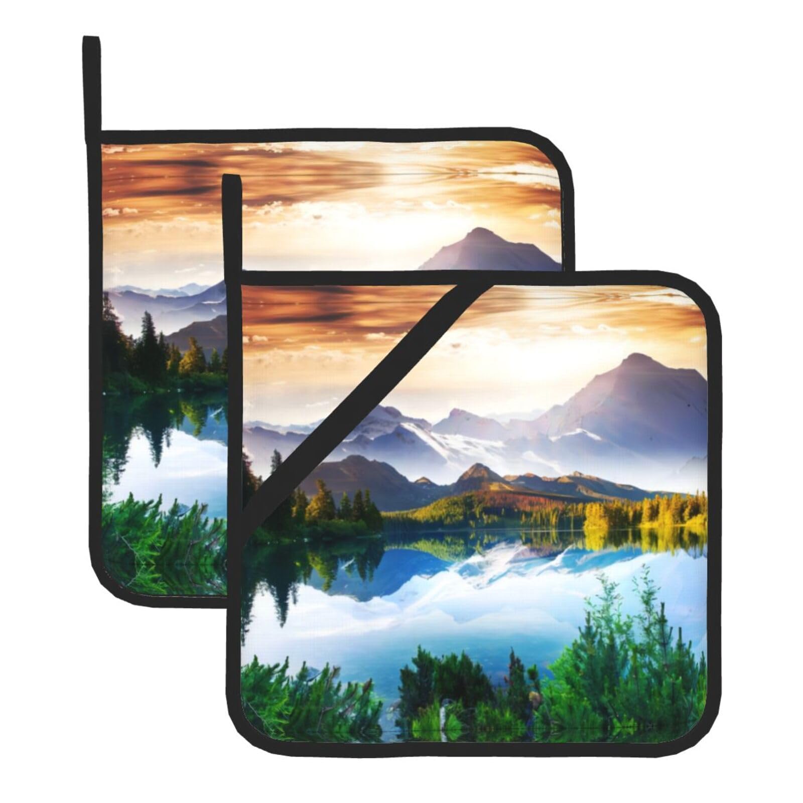 YYHHAOFA Mountain Lake View Sunny Day Nature Prints Square Hot Pads - Durable Kitchen Covers for Heat Resistance, Waterproof Protection & Easy Cleaning - 2-Pack with Hanging Loops
