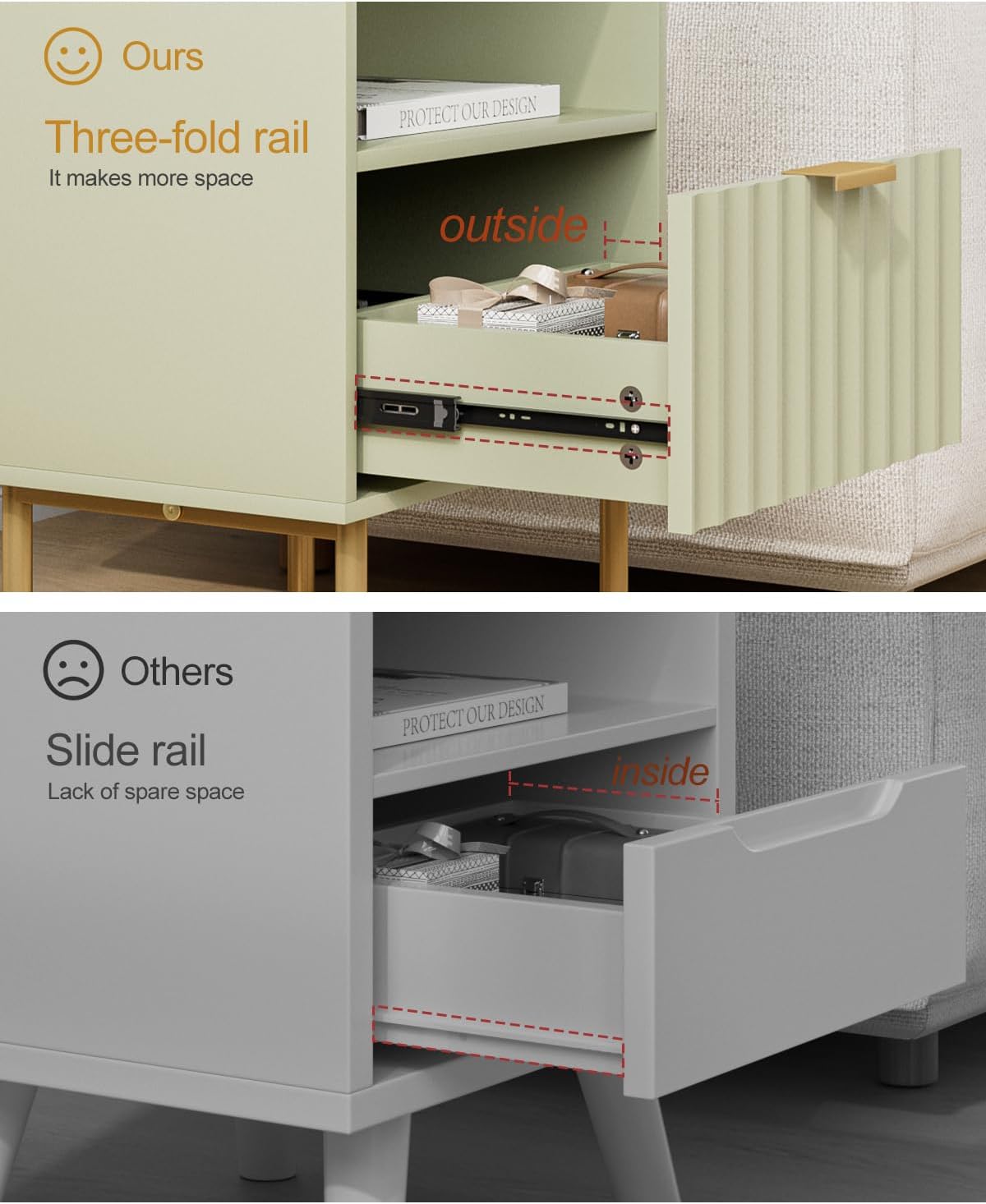 Nightstand,Modern Bedside Table with Gold Frame,Night Stand,Bedside Furniture, Modern Side Table with Drawer and Shelf for Bedroom,Living Room (Green)