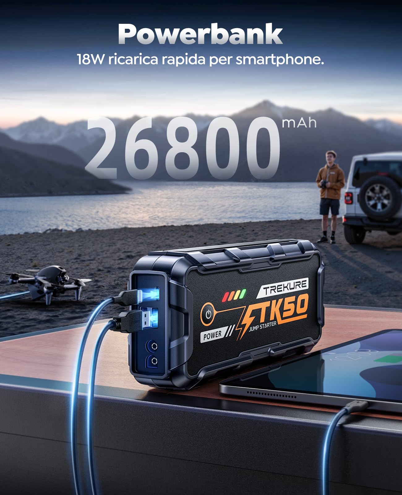 TREKURE Avviatore Batteria Auto, 10000A 26800mAh Avviatore di Emergenza (Tutti Benzina o 12L Diesel), Booster Avviamento Auto con Luce LED da 800 Lumen, Pinze Intelligenti con Cavi più Spessi, TK50