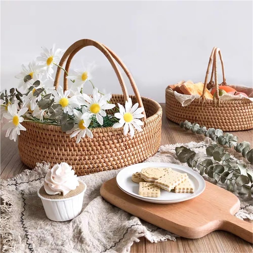 RMEDQVAVTW YSJX Storage Accessories 1-Pack Handmade Rattan Woven Picnic Basket, Portable Sundries Oval Storage Box(A 28x25x8.5cm)