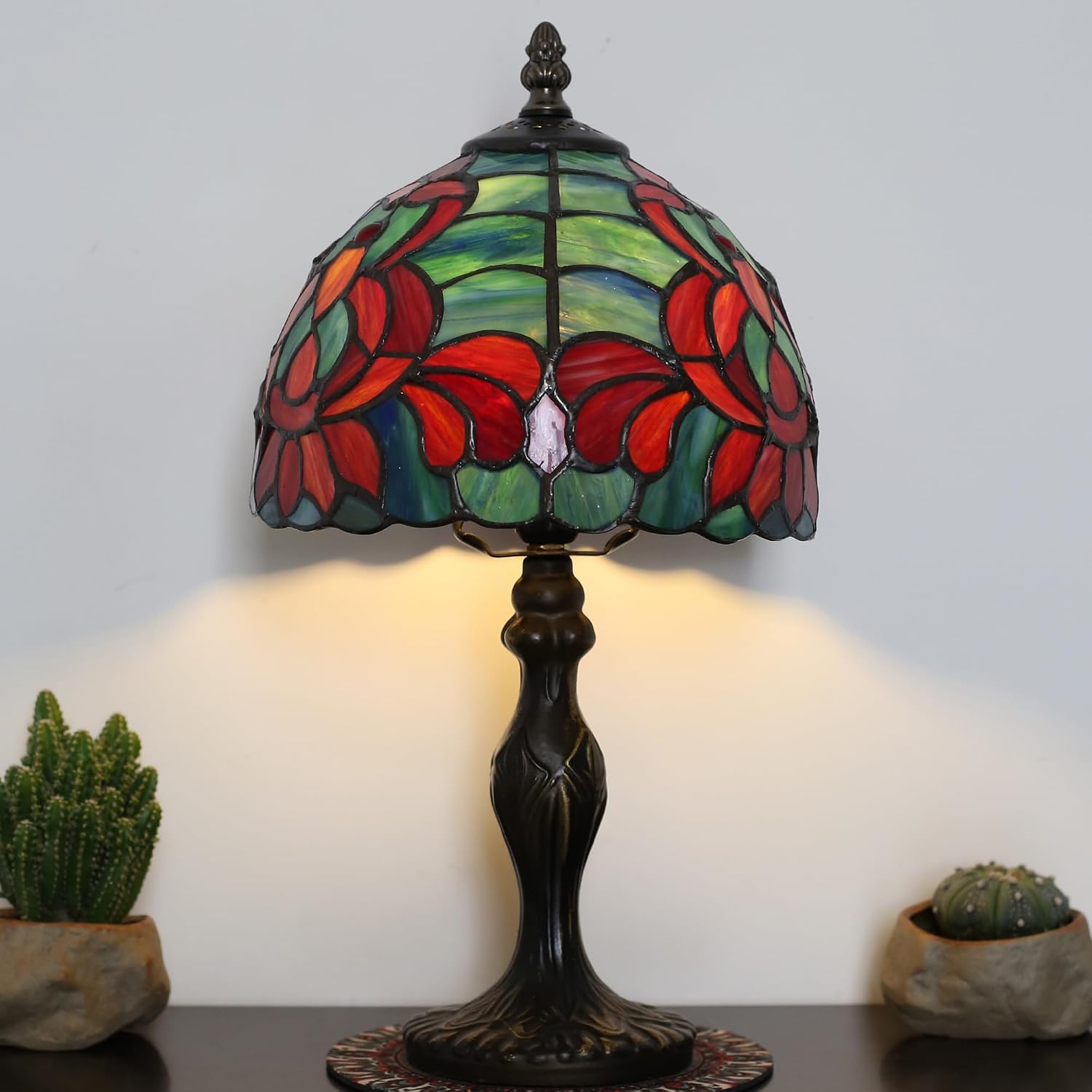 Tiffany Style Lamp Stained Glass Table Lamp 8 x 14.5 Mini Accent Light Lotus Design Small Decorative Bedside Memory Lamp