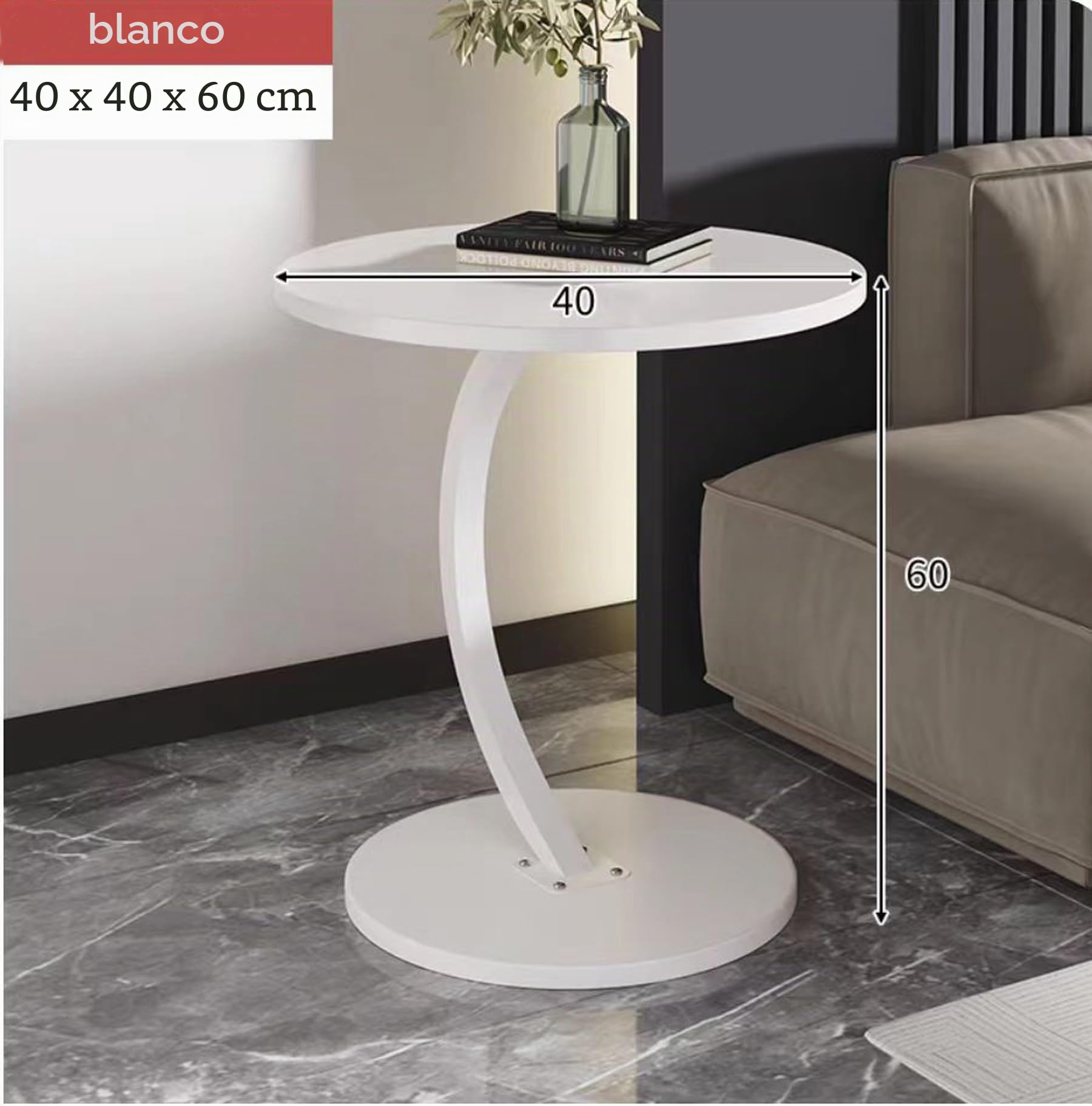 Mesa Auxiliar de Madera Blanca, Mesa de Café Redonda, Pequeña Mesa Zuxiliar en Forma de C, Diámetro de la Mesa 40 cm, Altura 60 cm, Mesas Auxiliares para Sofá, Salón