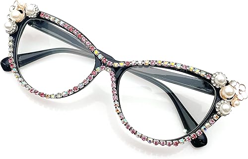 bullabulling Gafas de lectura de ojo de gato, diamantes de imitación brillantes, marco de diamantes de imitación, gafas con bloqueo de luz azul