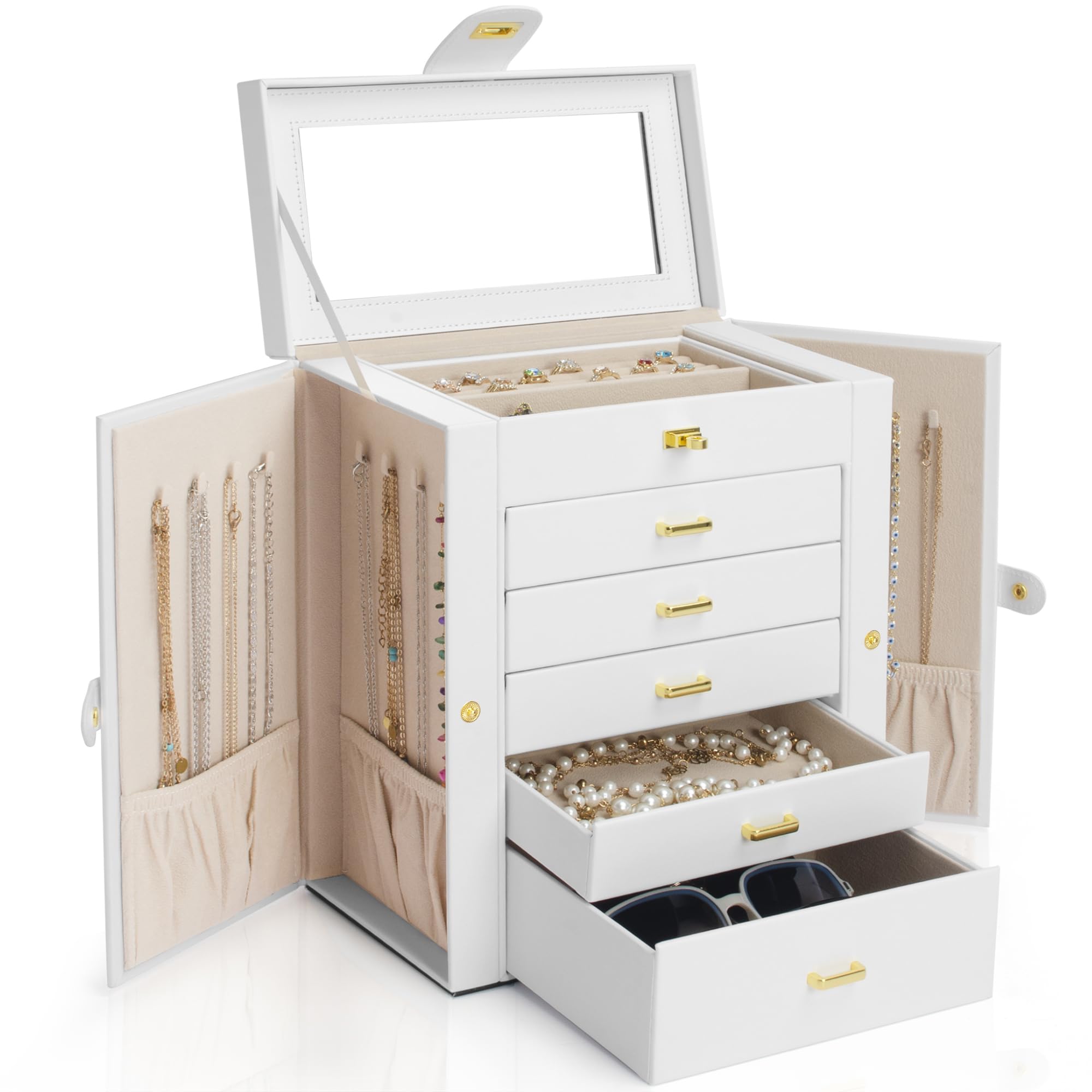 GenericGeneric 6-Tier Jewelry Box with Mirror, Jewelry Storage, Accessory Case, Small, White