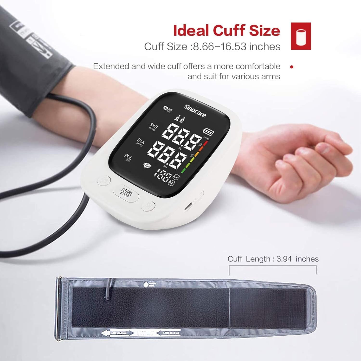 Slika, ki prikazuje idealno velikost manšete in kako izmeriti obseg roke