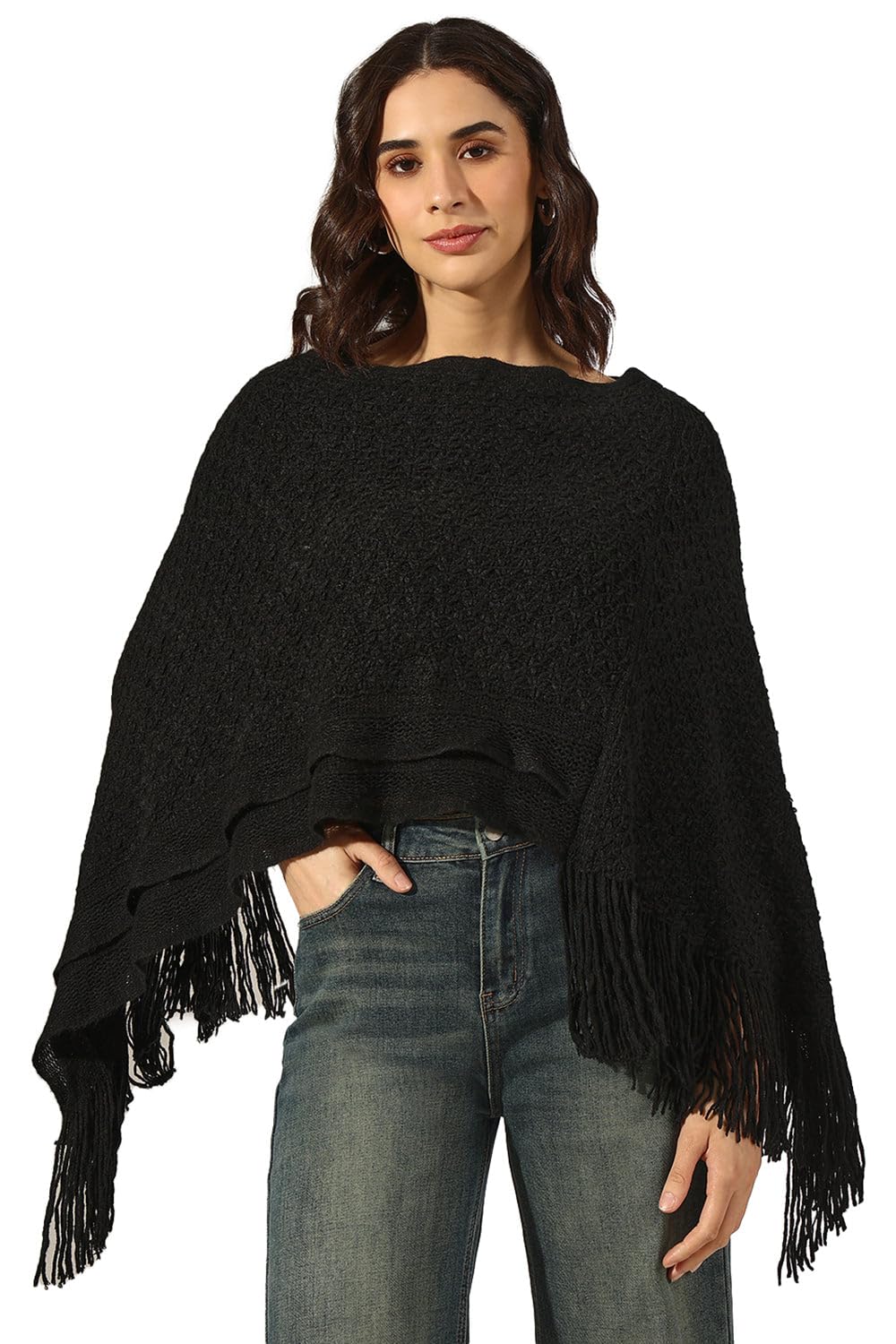 showoffff Edition Women's Textured Black Poncho with Fringed Hem-CHN-03_Black-P-picture-24