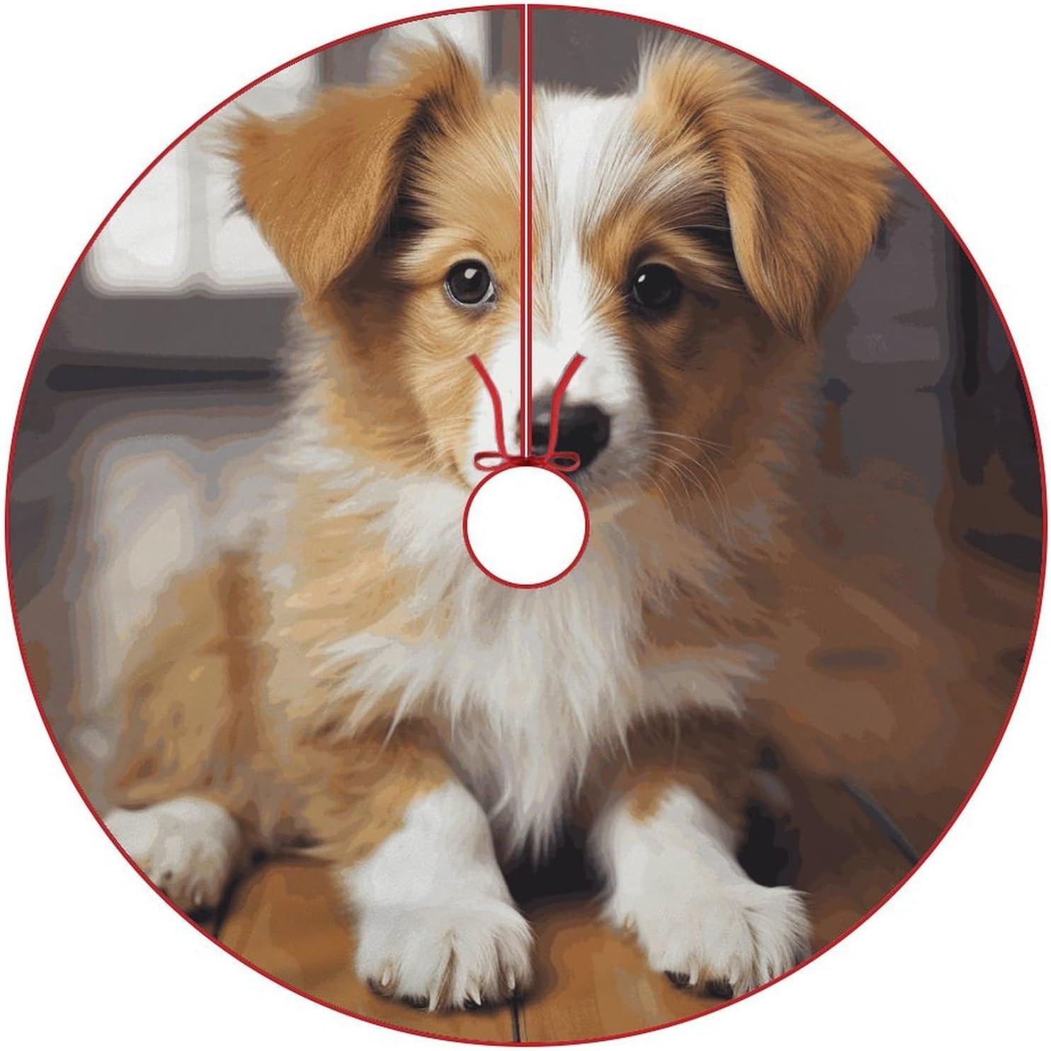 Christmas Tree Skirt,for Xmas Tree Holiday Party Decorations Cute Puppy Dog Printed Christmas Tree Mat Red Lace-up Christmas Tree Dress