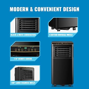 Portable Air Conditioner WANAI 8,000 BTU ASHARE Portable AC Unit, Built-in Dehumidifier & Fan Mode, Remote Control & Window Installation Kit Included for Home Office Garage Business Black