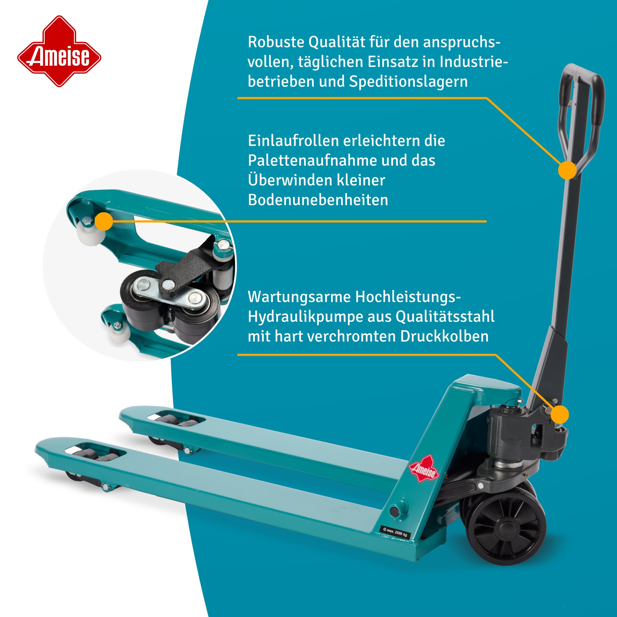 Ameise Hubwagen PTM | 2.500 kg Tragkraft | 1.150 mm Gabellänge | Lenkrad/Gabelrolle aus robustem Polyurethan | Tandem-Gabelrollen | Palettenhubwagen