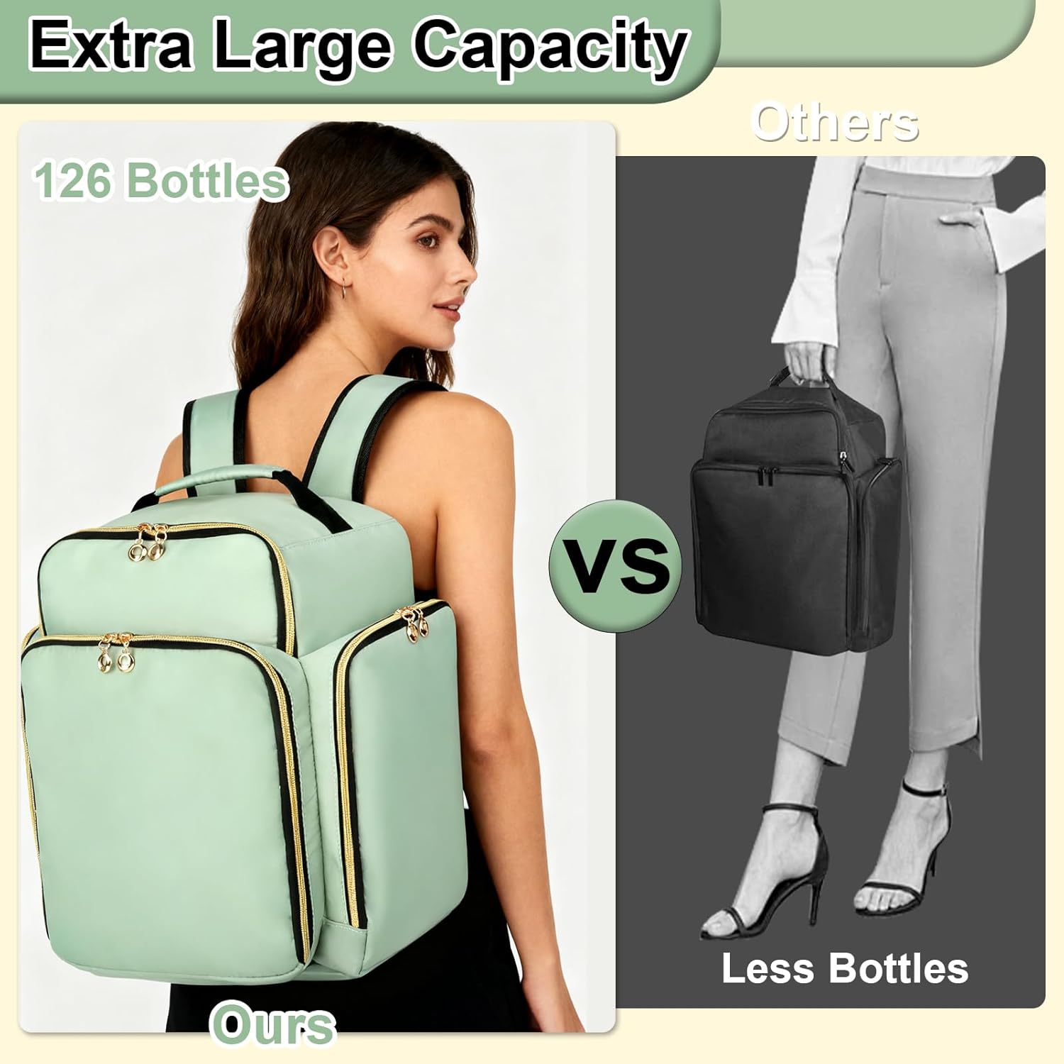 Nail Polish Organizer Backpack Holds 126 Bottles& Nail Lamp, Extra Large Nail Kit Supplies Organizer Bag with 3 Removable Cases, Portable Nail Organizers and Storage for Travel (Green)