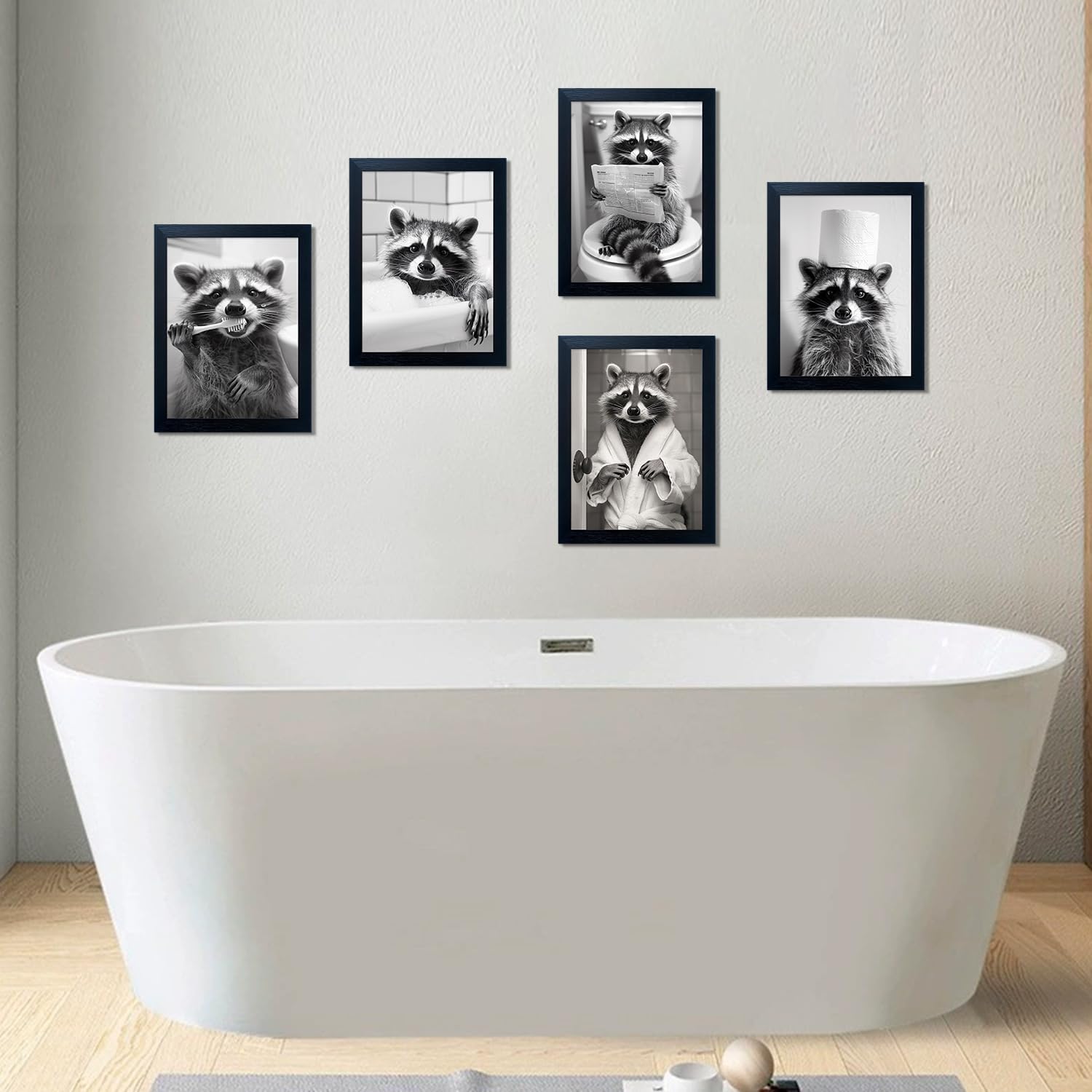 Funny Raccoon Wall Decor Bathroom Animal Wall Art Raccoon With a Toilet Paper Roll on the Head Toilet Humor Decor Framed Black and White Cute Farmhouse Picture