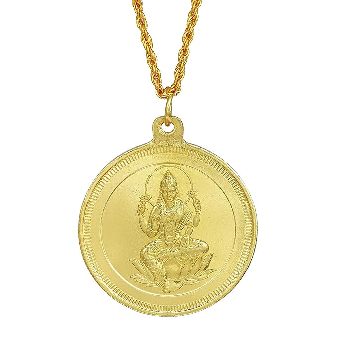 Brass Gold Plated Big Dual side Coin, Lakshmi Yantra and Lakshmi, Necklace chain Pendant Jewellery for women