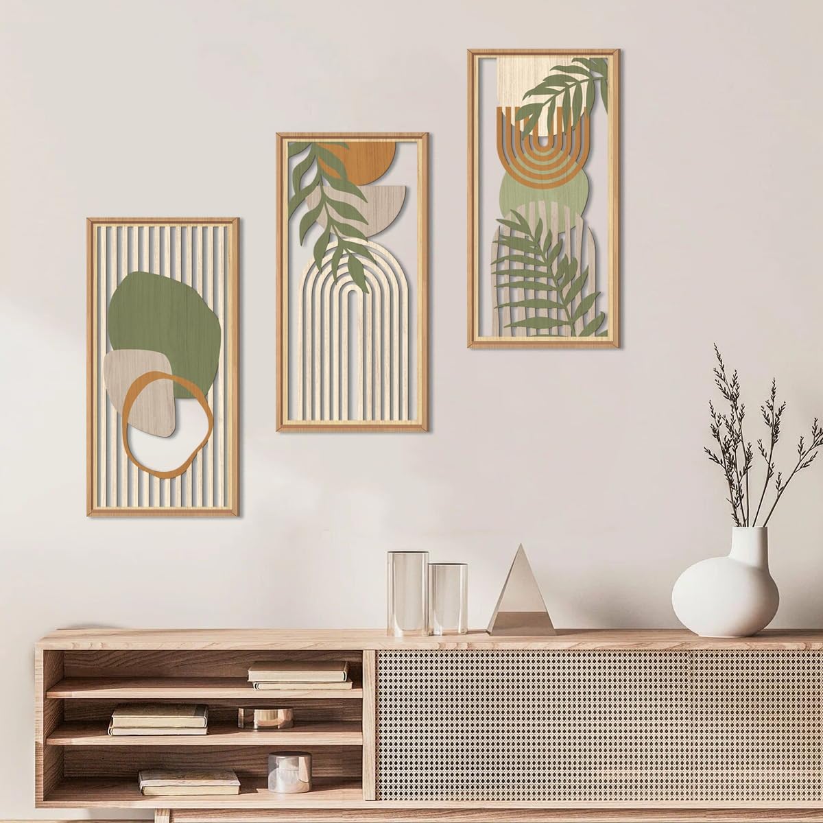 IARTTOP Boho Mid-century Modern Wood Wall Art 8x16 Inch Framed Green Bohemian Abstract Wooden Wall Decor Set of 3 Minimalist Geometric Leaf Artwork for Living room Bedroom Office