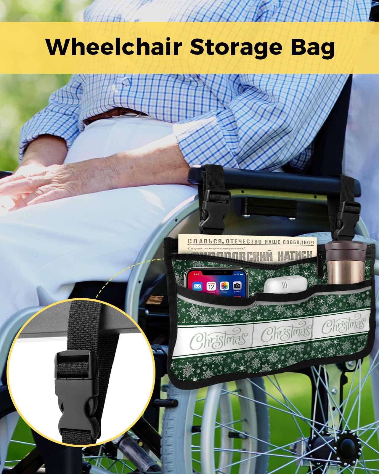 Anzona Green Merry Christmas Wheelchair Side Bag Walker Bag, Winter Farmhouse Snowflakes Wheelchair Accessories Armrest Pouch, Organizer Storage Bag for Walkers, Rollators, Scooters, 7.3''x13''