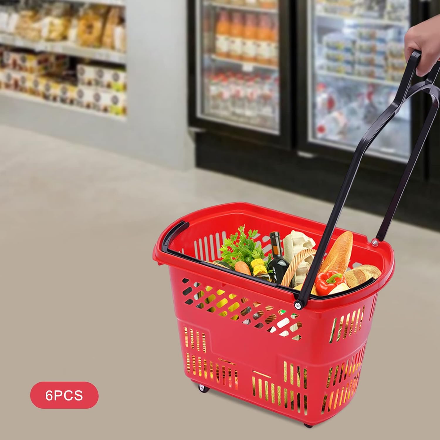 6PCS Shopping Basket Carts, 35L Shopping Carts with Wheels and Handle, Black Shopping Basket Plastic Rolling Shopping Basket, Portable Shopping Basket Set in Supermarkets and Retail Stores (Red)