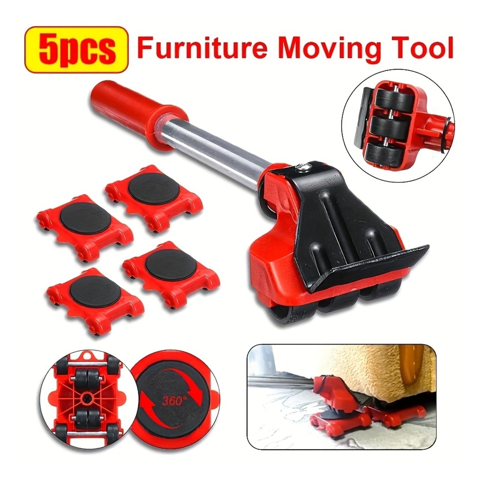 Kit di spostamento mobili 5 pezzi di rotelle a rulli for carichi pesanti | 5Pcs sollevatori mobili, base a rulli pesante, utensile trasporto lavatrice/frigo