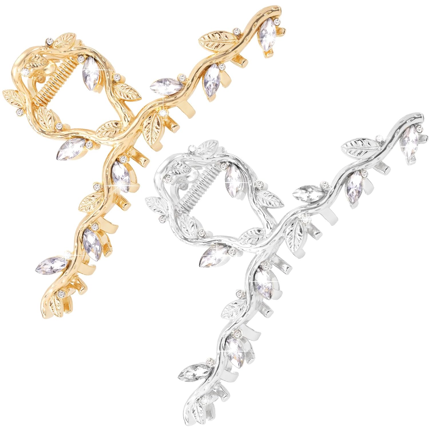 2PCS Rhinestone Hair Claw Clips, KC Gold/Silver Plated Metal Hair Clips, Leaves Vine Fancy Crystal Hair Claw Barrettes, Large Vintage Hair Jaw Clamps Hair Accessories for Women Wedding Parties