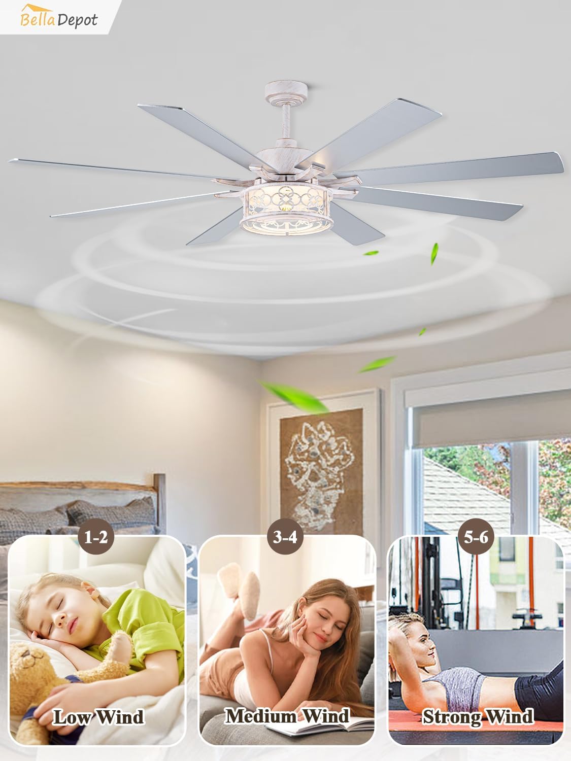 72 Inch Farmhouse Ceiling Fan with Lights Large Chandelier Caged Fan with Quiet Reversible DC Motor Rustic Fan with Wooden Blades - Ideal for Bedroom, Living Room, Dining Room, Any big spaces