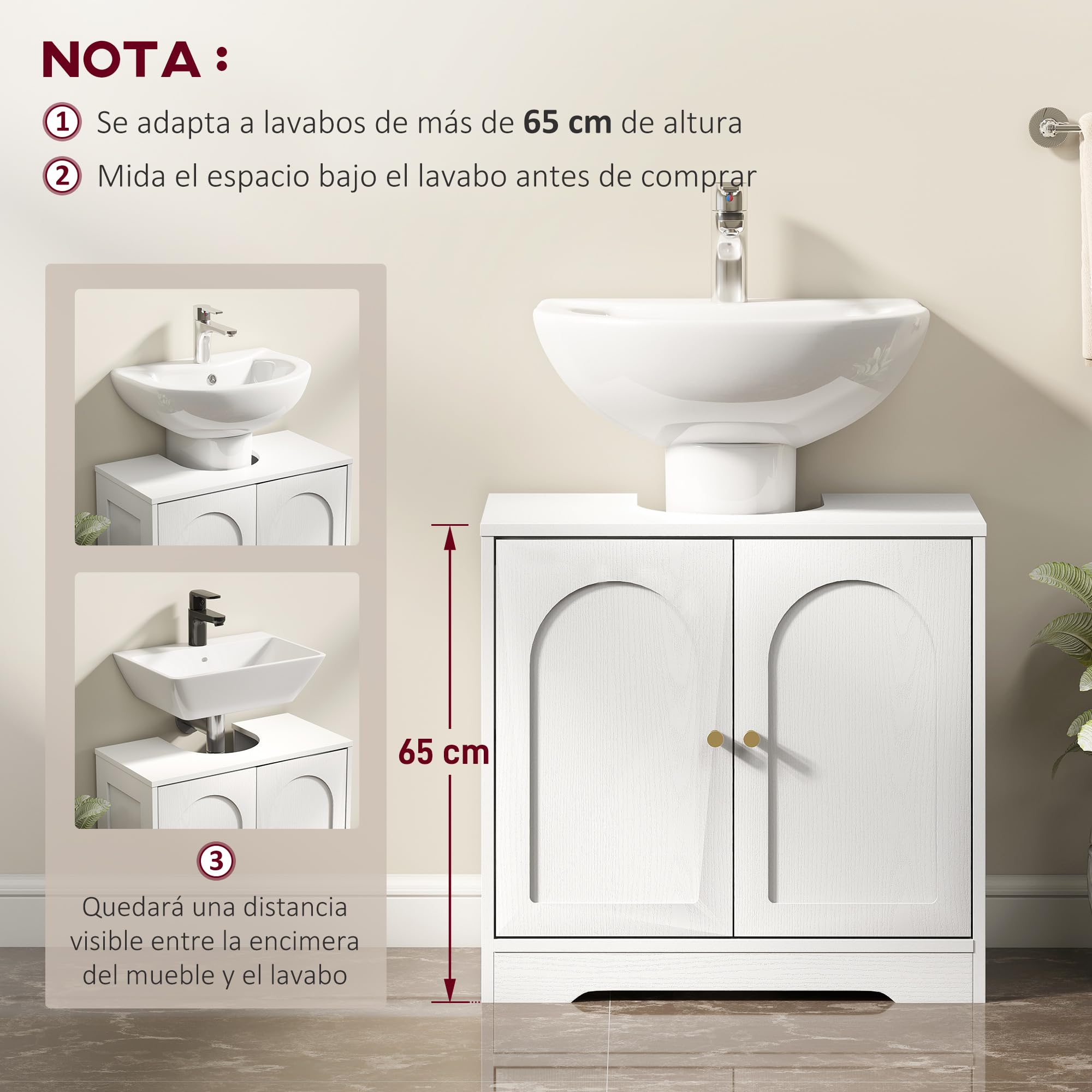 HOMCOM Mueble bajo Lavabo Mueble de Baño con 2 Puertas con Diseño de Arco Estante Ajustable Tiradores Dorados para Lavabo con o sin Pedestal 60x30x65 cm Blanco