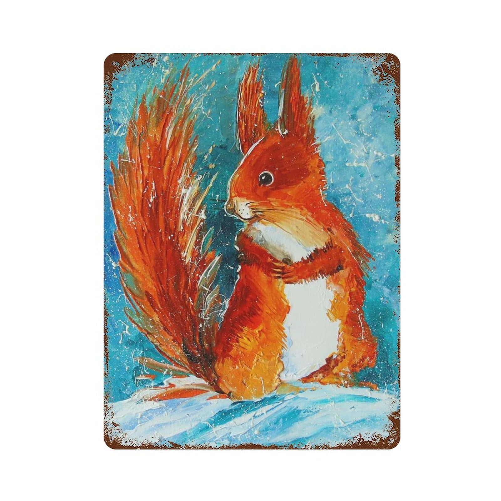 Weathered Tin Sign with Squirrel Design 15.7"x11.8", for Shed, Workshop And Garage Wall Decor, Decorative Metal Wall Art