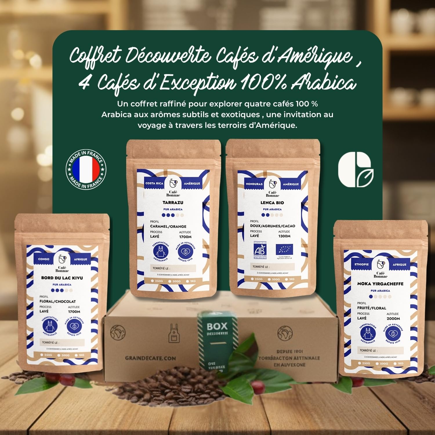Café Bonnac – Coffret Découverte Cafés d’Amérique – Café en Grain – 4x250g – 100% Arabica – Costa Rica, Honduras, Nicaragua & Colombie – Torréfaction Artisanale Française – Idée Cadeau