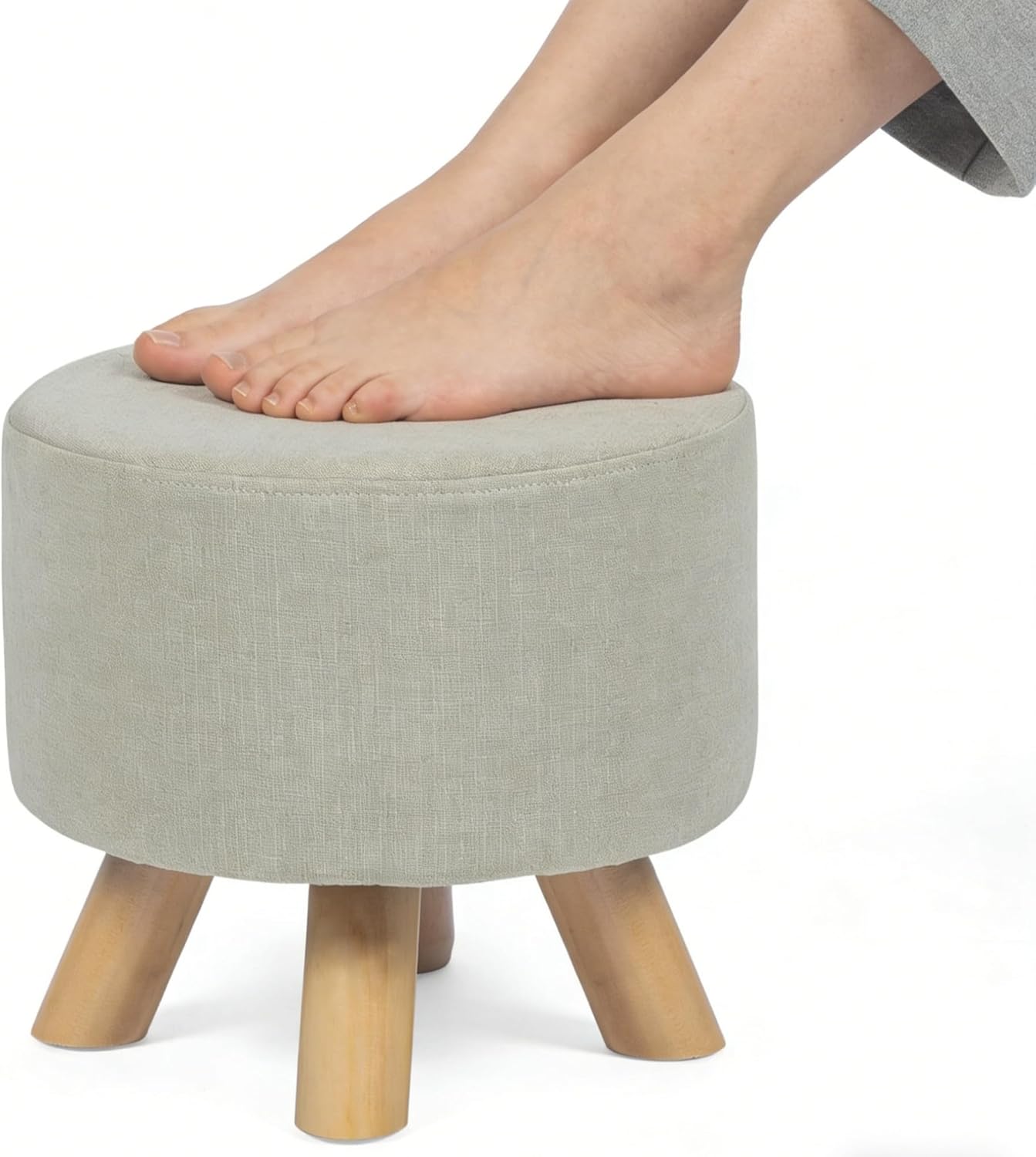 Asense Small Round Ottoman Foot Rest Stool Fabric Padded Seat Footstool Ottoman with Wooden Legs (Beige Grey,Fabric)