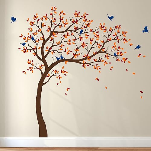 KW032 - Calcomanías de pared de árbol grande con pájaros impresionante árbol mural de vinilo para decoración de pared inclinada derecha marrón