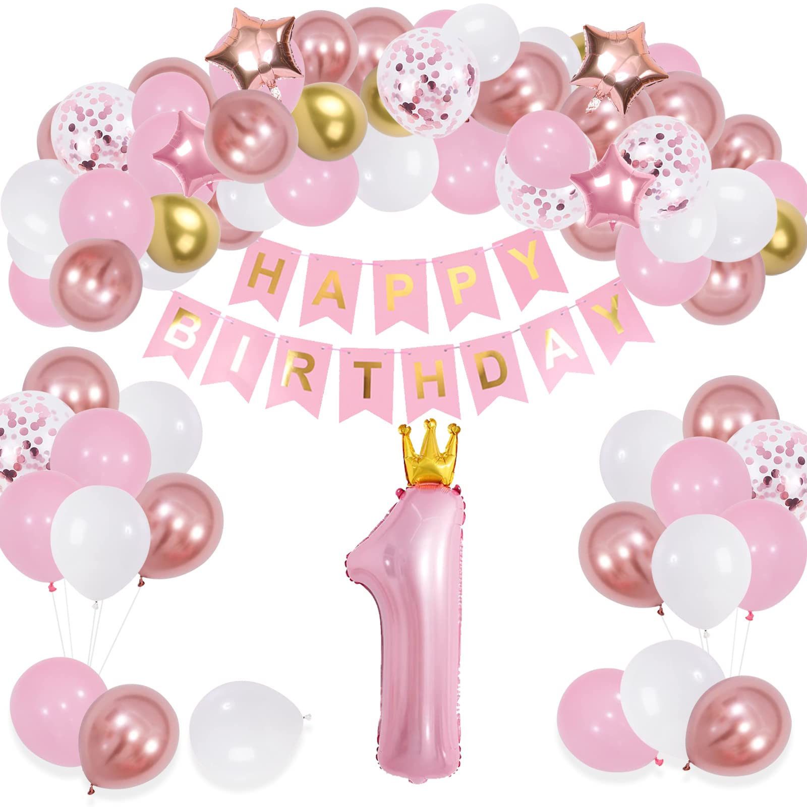 Girl 1st Birthday Decorations, Number 1 Balloons Pink Helium Foil Age 1 Crown Balloons With Happy Birthday Banner For Baby Girl Daughter 1 Year Kid Birthday Party Supplies