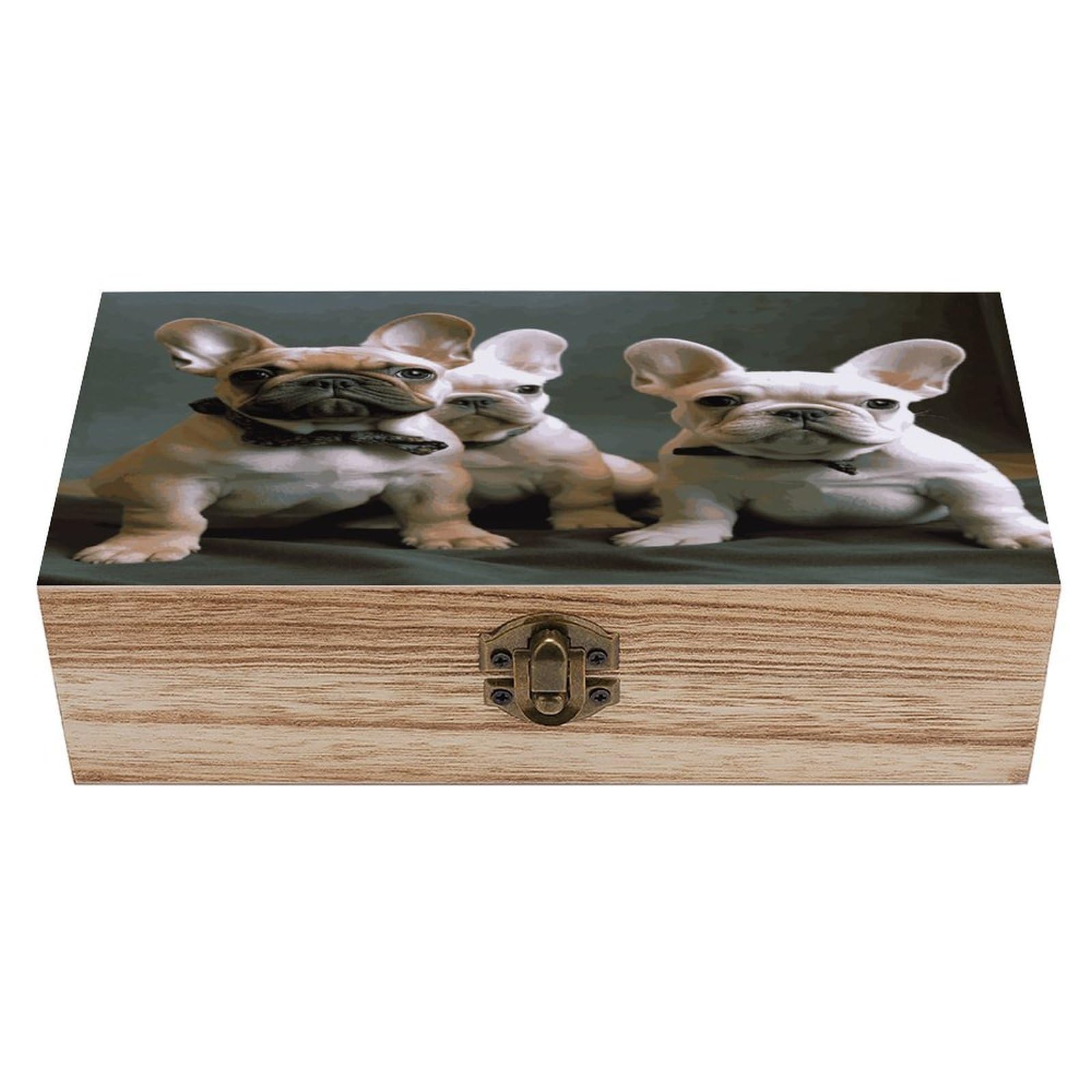 JTREHY French Bulldog Puppies Wooden Keepsake Box Vintage-Style Wood Keepsake Case with Hinged Lid Solid Wood Boxes Beautifully Memory Treasure Case Vintage-Style Wooden Storage Box