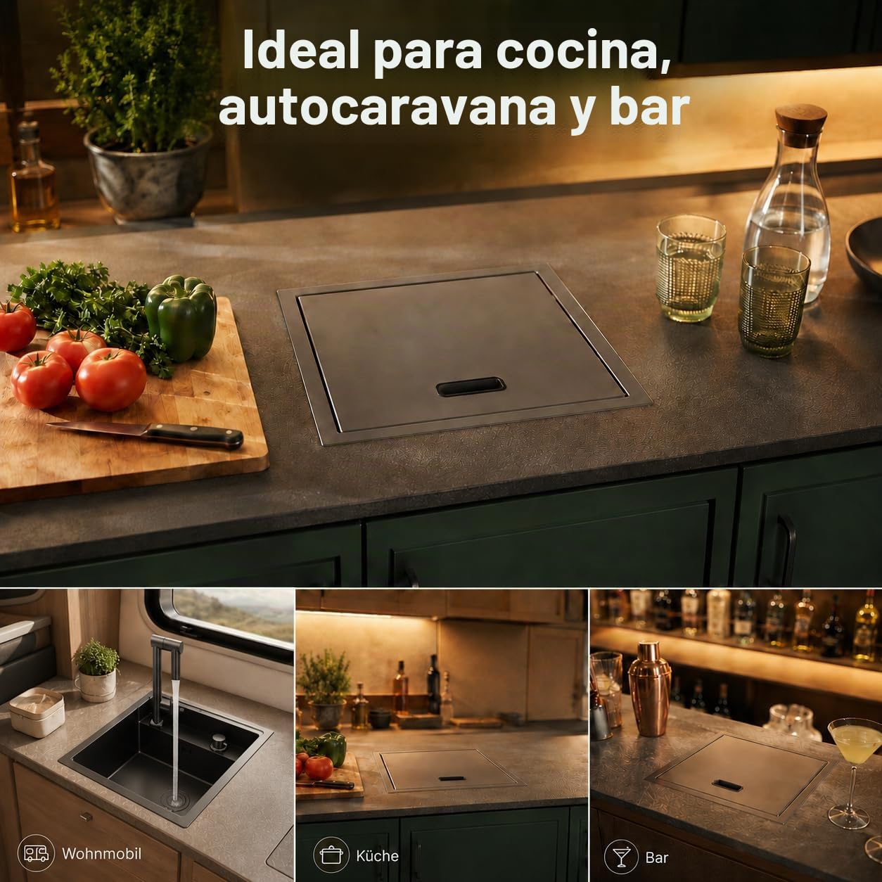 Fregadero de cocina para subplano, 39 x 43 x 23 cm, lavabo invisible que ahorra espacio con tapa, fregadero de acero inoxidable con grifo plegable, 1 bandeja empotrable, para bar, caravana
