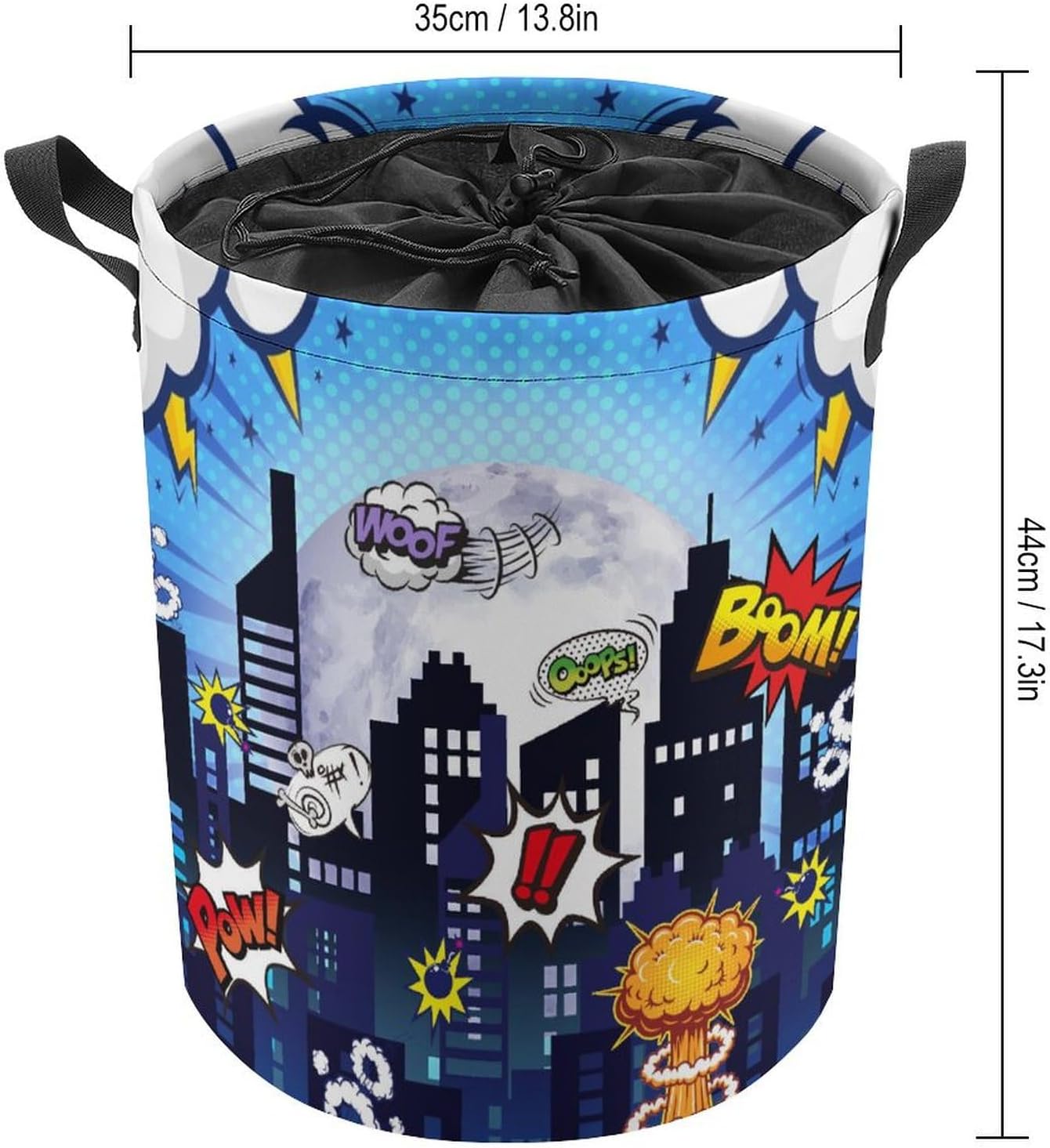 Brebasf Funny City Theme Freestanding Laundry Hamper,Cartoon Boys Room Decor City Nights Comic Style Drawstring Portable Large Volume Laundry Basket-13.8W X13.8L X17.3H IN