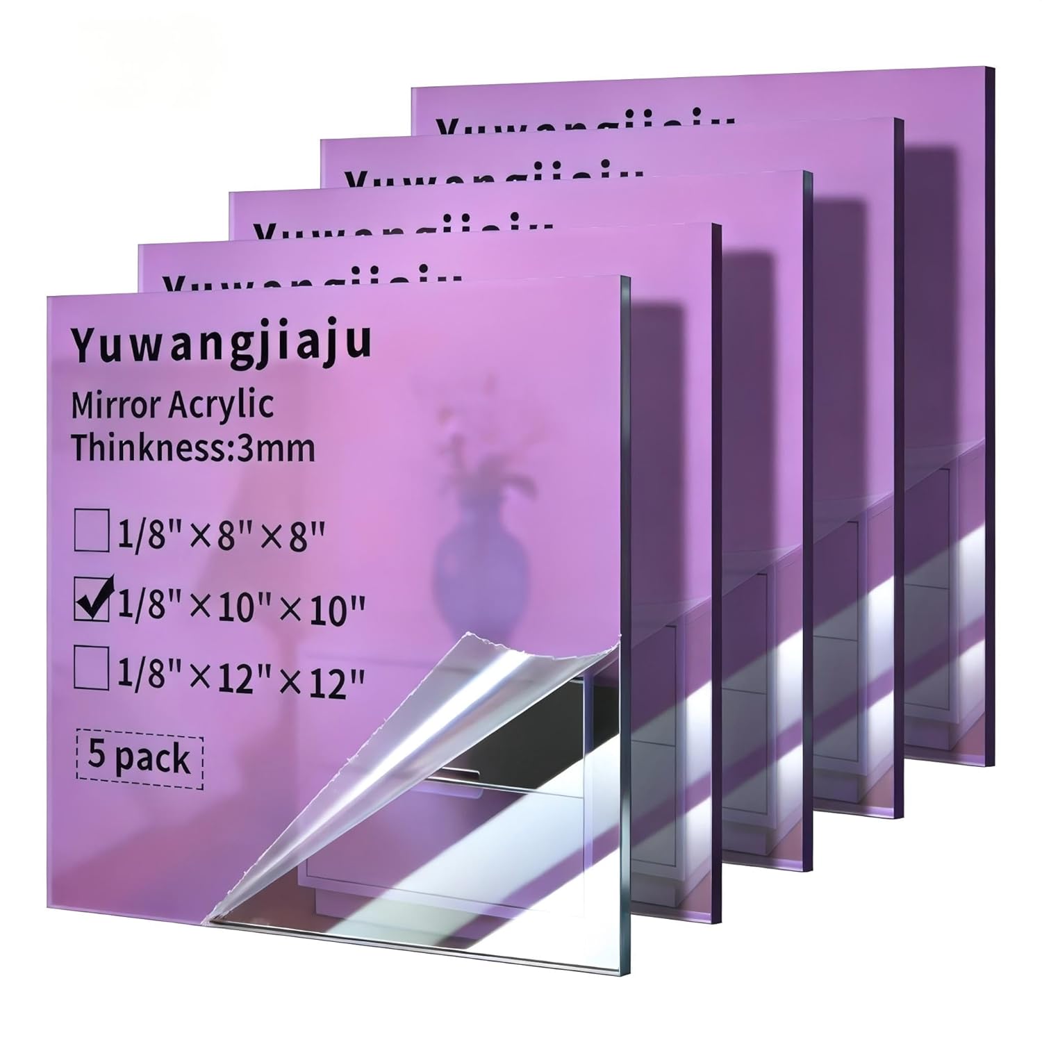 5 Pack Acrylic Mirror Sheets, 10 x 10 inch 1/8 Thick 3mm Colored Mirror Plexiglass Panels for DIY Crafts Decor, Laser Cutting & Engraving, Protective Film, Pink