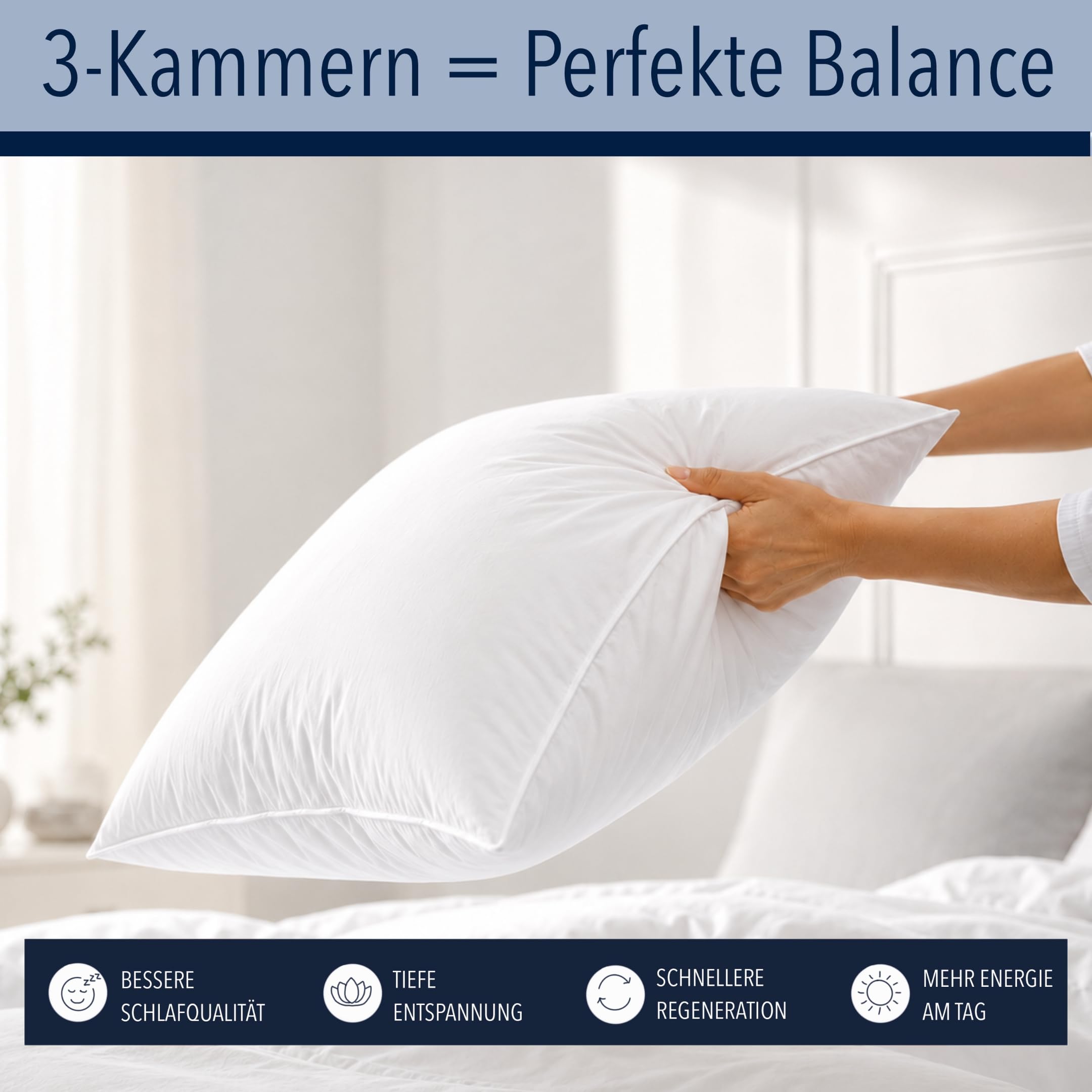 3-Kammer Daunenkissen 80x80 cm 2er Set -Kopfkissen Made in Germany | Kopfkissen 80x80 Daunen | Kissen Allergiker (NOMITE) | Federkissen 80 x 80 cm | Tierwohl (DOWNPASS) | OEKO-TEX Klasse 1