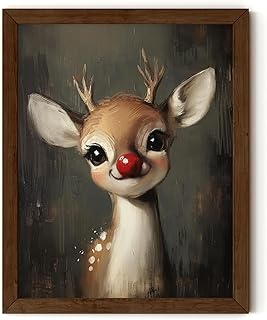 TwoDays Vintage Christmas Wall Art - Moody Xmas Aesthetic Prints for Room Decor, Rustic Winter Painting Artwork Poster Picture (Rudolph Reindeer, 11" X 14", UNFRAMED)