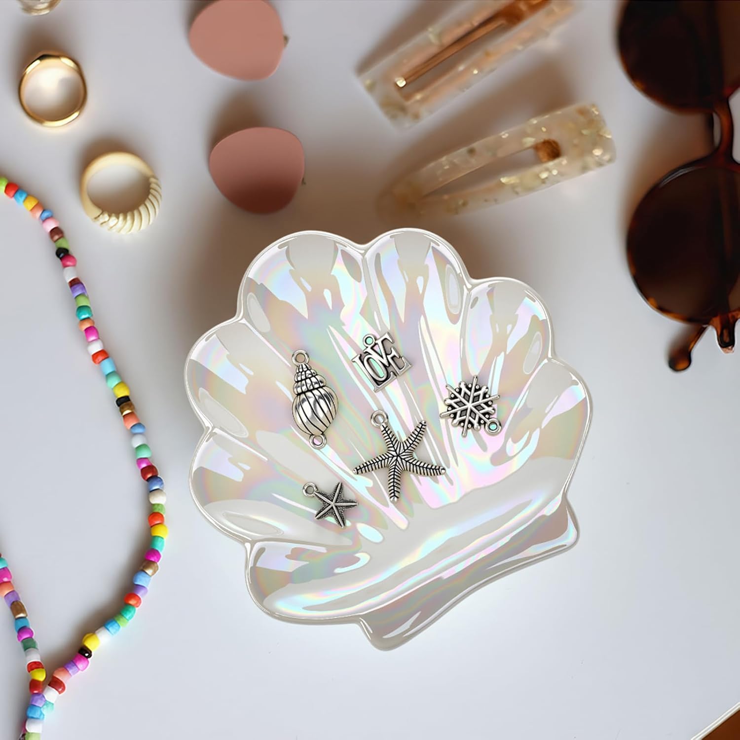 8 Pcs Shell Trinket Dish Seashell Jewelry Dishes for Women Shell Ceramic Jewelry Dish Tray Ceramic Ring Holder Decorative Trinket Tray Organizing Rings Earrings Necklaces Keys for Home Decor