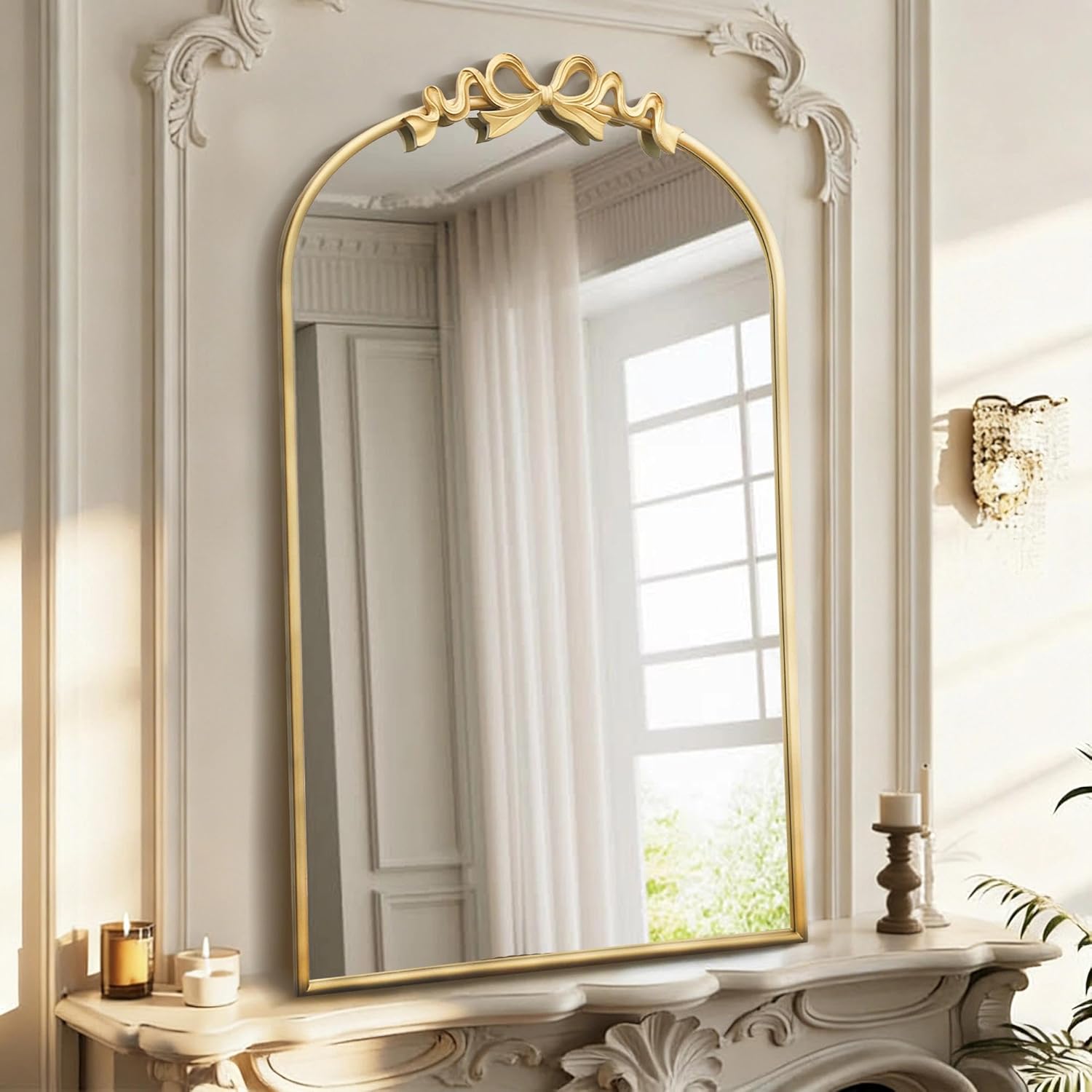 Besdomus Vintage Arched Gold Mirror: 24"x36" Large Gold Antique Bow Wall Mounted Mirror - Baroque Traditional Ornate for Entryway/Fireplace/Bathroom/Hallway - Wall Decor for Housewife