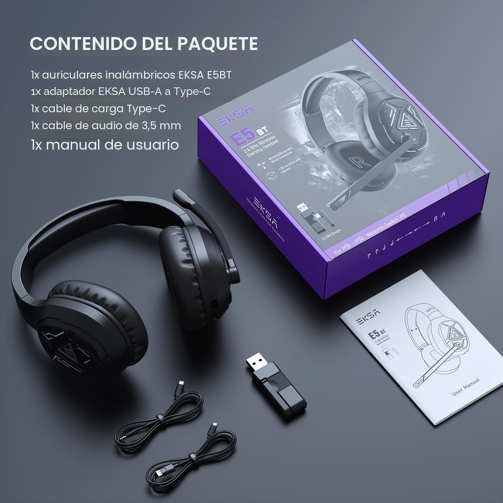 EKSA Auriculares inalámbricos BT para Videojuegos, 2,4 GHz, Interfaz USB-C y USB, con micrófono Extensible, cancelación de Ruido, 52 Horas de duración de la batería con Cable de 3,5 mm para PC