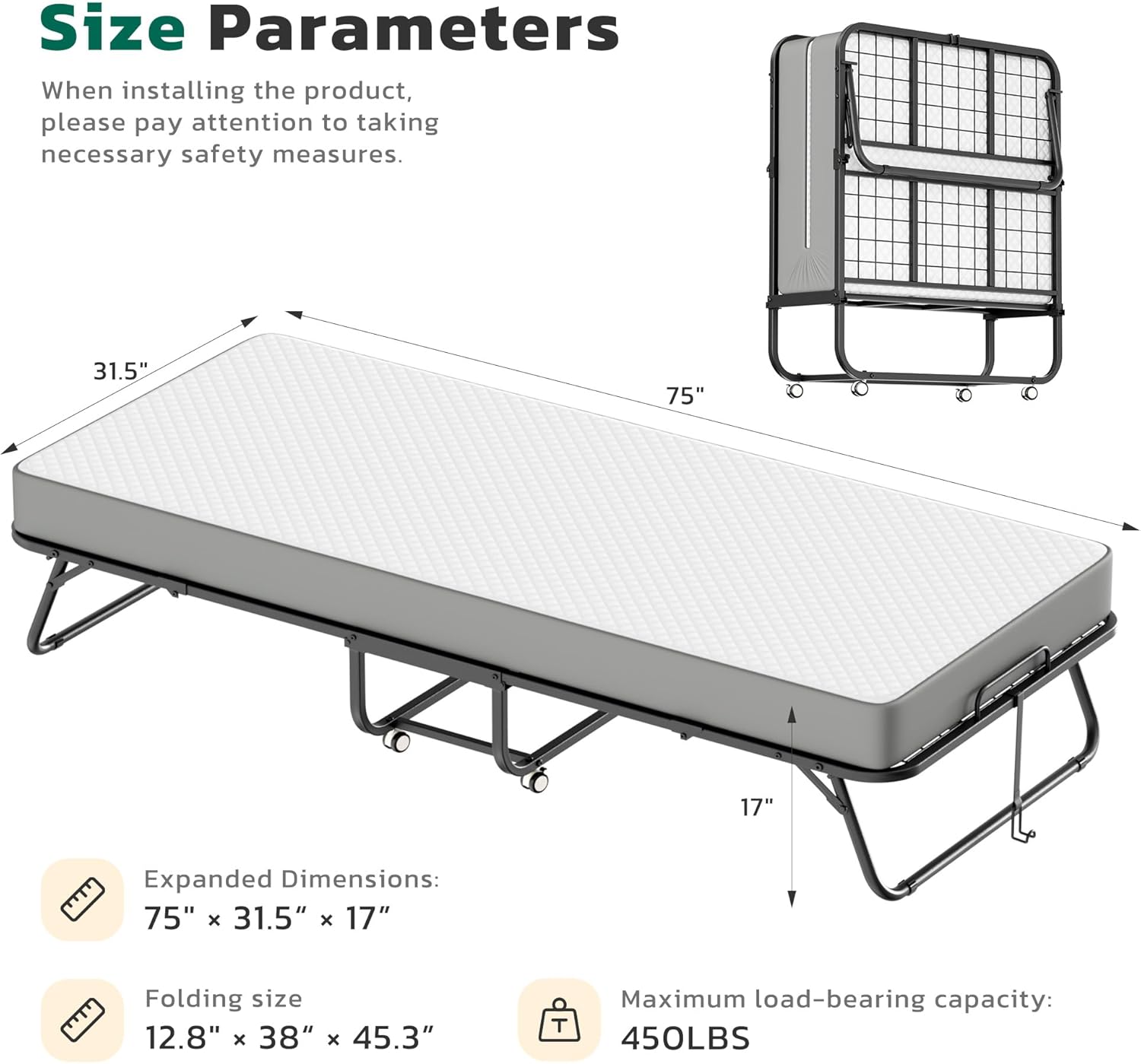 Greenvelly Folding Bed size parameters and dimensions