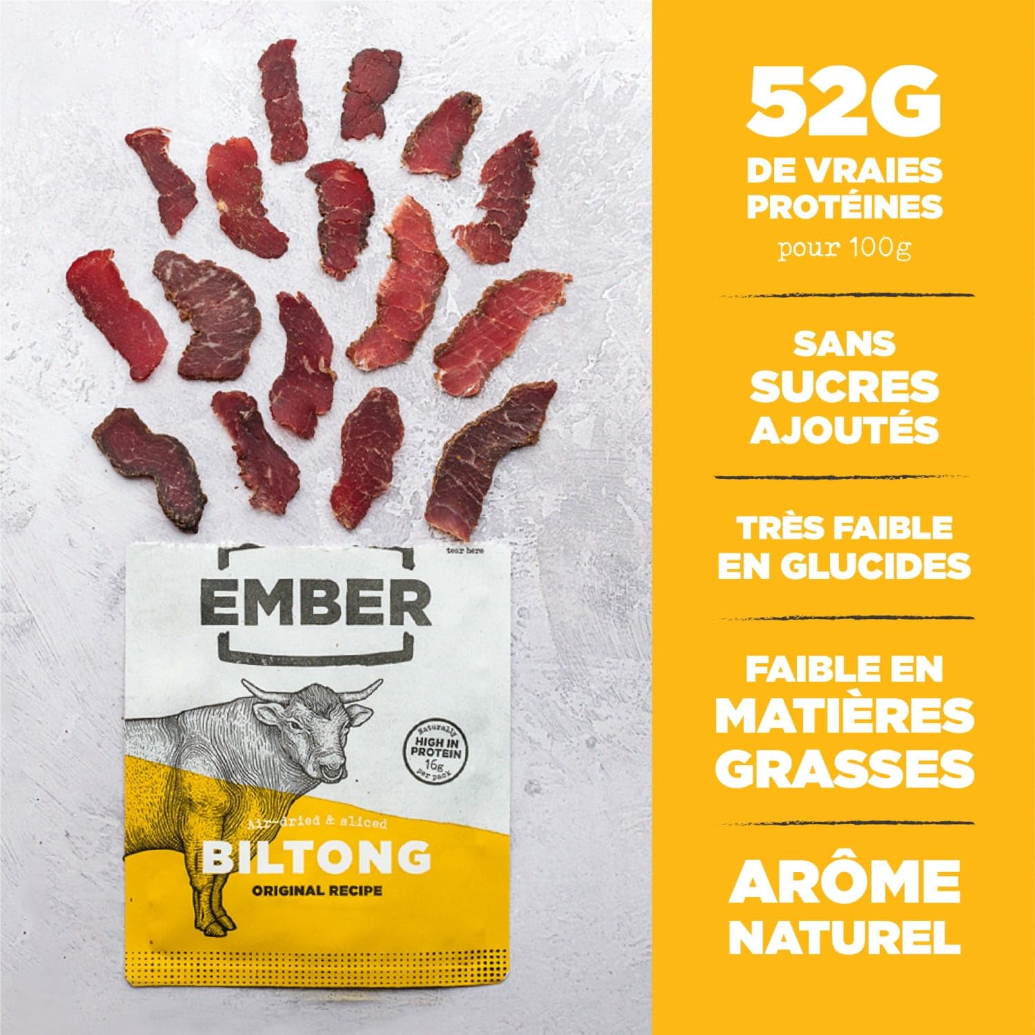 Ember Biltong de Bœuf Original 1 kg - Viande Séchée Beef Jerky Riche en Protéines - En-cas Faible en Gras, Sans Sucres Ajoutés, Keto - 4 Sacs Refermables de 250 g (L'emballage peut varier)