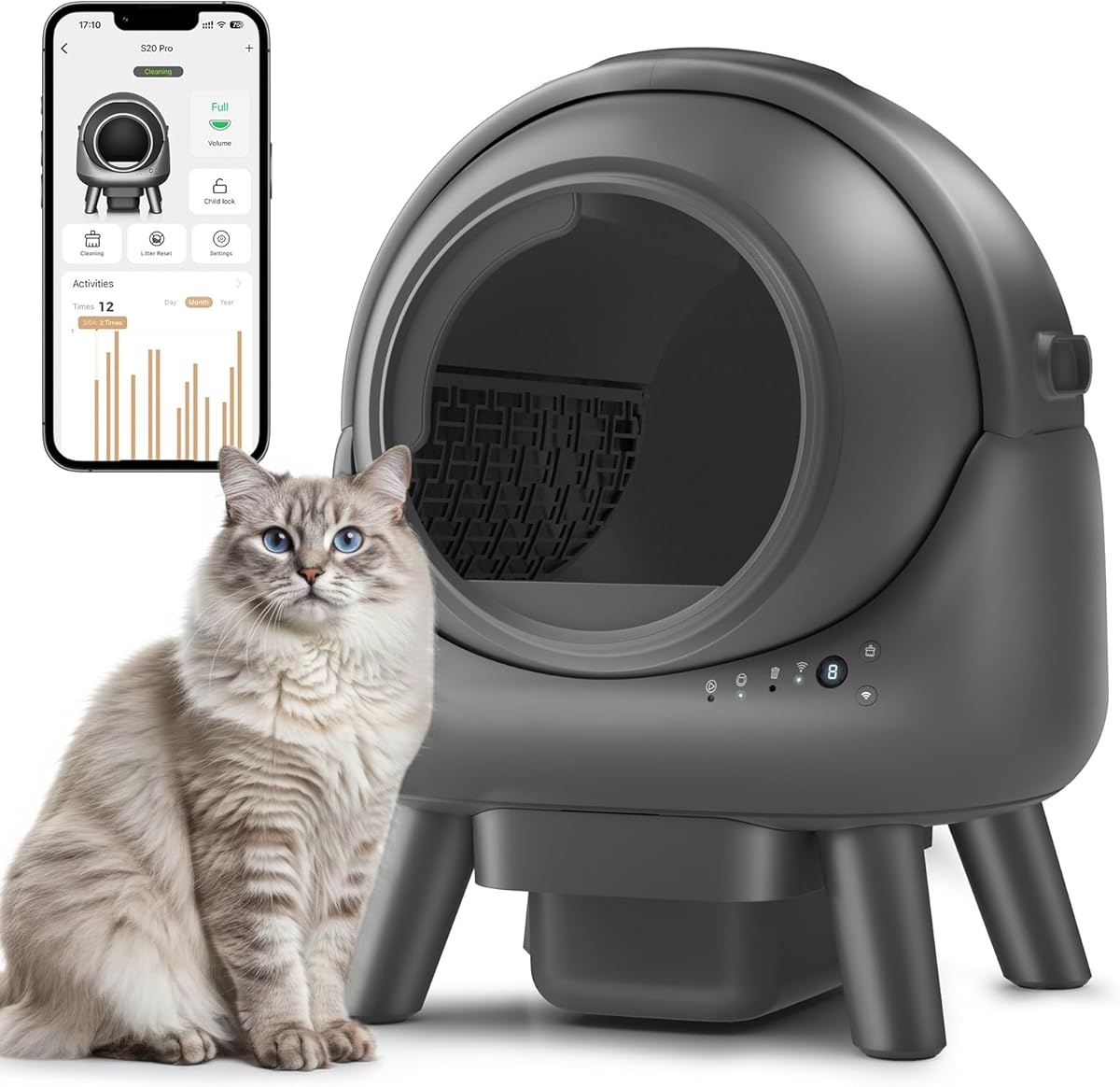 Self Cleaning Litter Box,Automatic Cat Litter Box for Multiple Cats,Robot with APP Control,Smart Dual Safety Protection,Odor-Free Waste Disposal Includes Trash Bags,Grey S20
