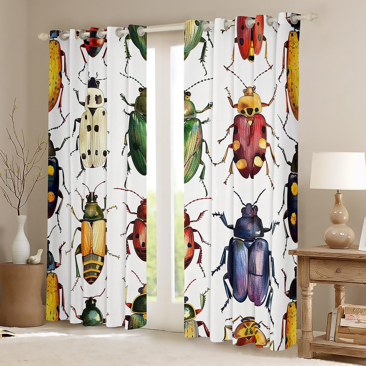 Beetle Curtains for Girls Boys Children Colorful Beetles Decor Window Drapes Kids Bug Window Curtains for Bedroom Living Room Bright Vibrant Nature Animal Window Treatments, 42x63 Inches,2 Panels