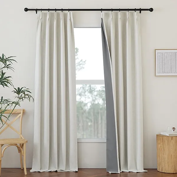 NICETOWN 100% Blackout Cream Luxury Curtains for Living Room 96 inch, Pinch Pleated Linen Blend Thermal Insulated Privacy Window Treatments Sound Reducing Drapes for Bedroom/Living Room, W34 x L96