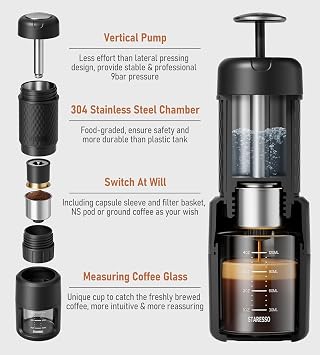 STARESSO Classic Manual Espresso Maker, 2 IN 1 Travel Coffee Machine | Compatible Ground Coffee & NS Original Pods, Stainless Steel Water Chamber, Portable for Travel Camping, Manually Operated