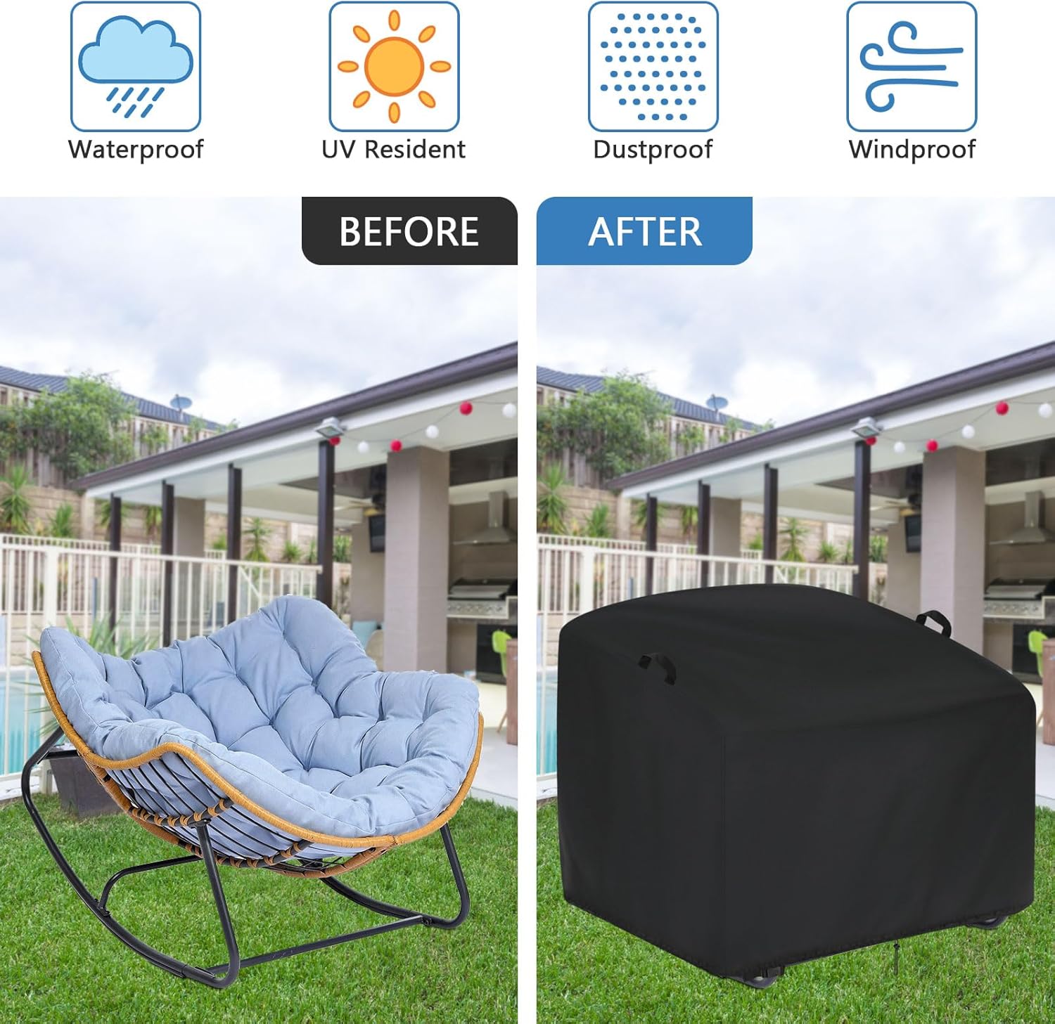 Outdoor Papasan Rocking Chair Cover, 46inch Patio Papasan Chair Covers Waterproof for SWITTE Oversize Rocking Chairs and Rattan Wicker Chairs-46"L x 38"W x 19"H