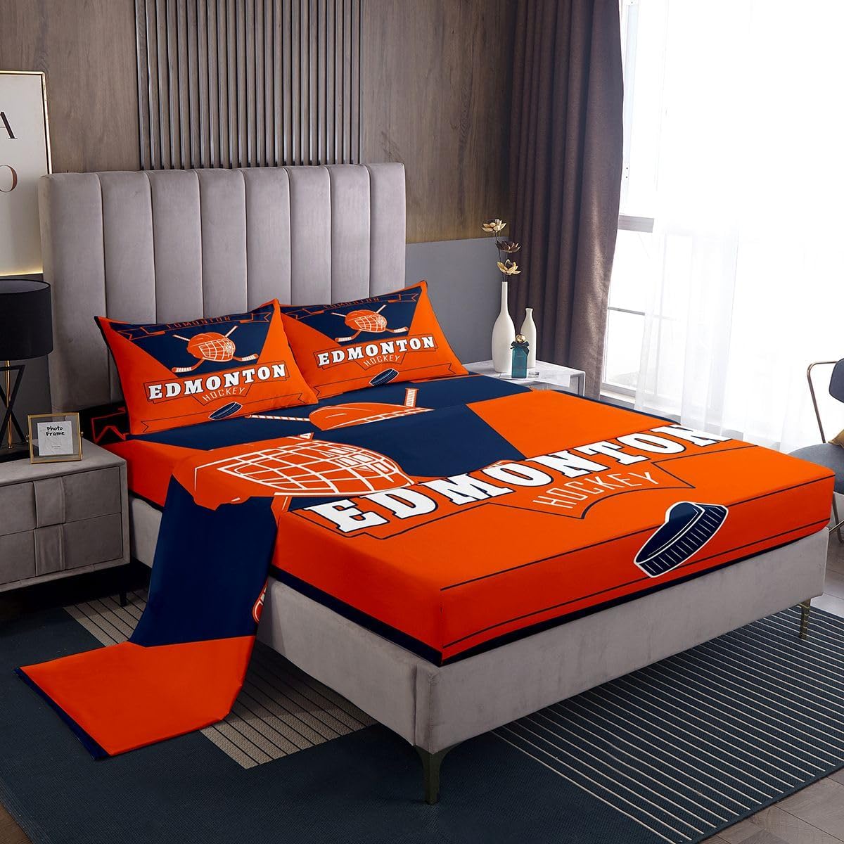 Feelyou Ice Hockey Bed Sheets Set Queen Size Colorado Bed Set Ice Hockey City Team Deep Pocket Fitted Sheet Winter Sports Breathable Soft Lightweight Microfiber