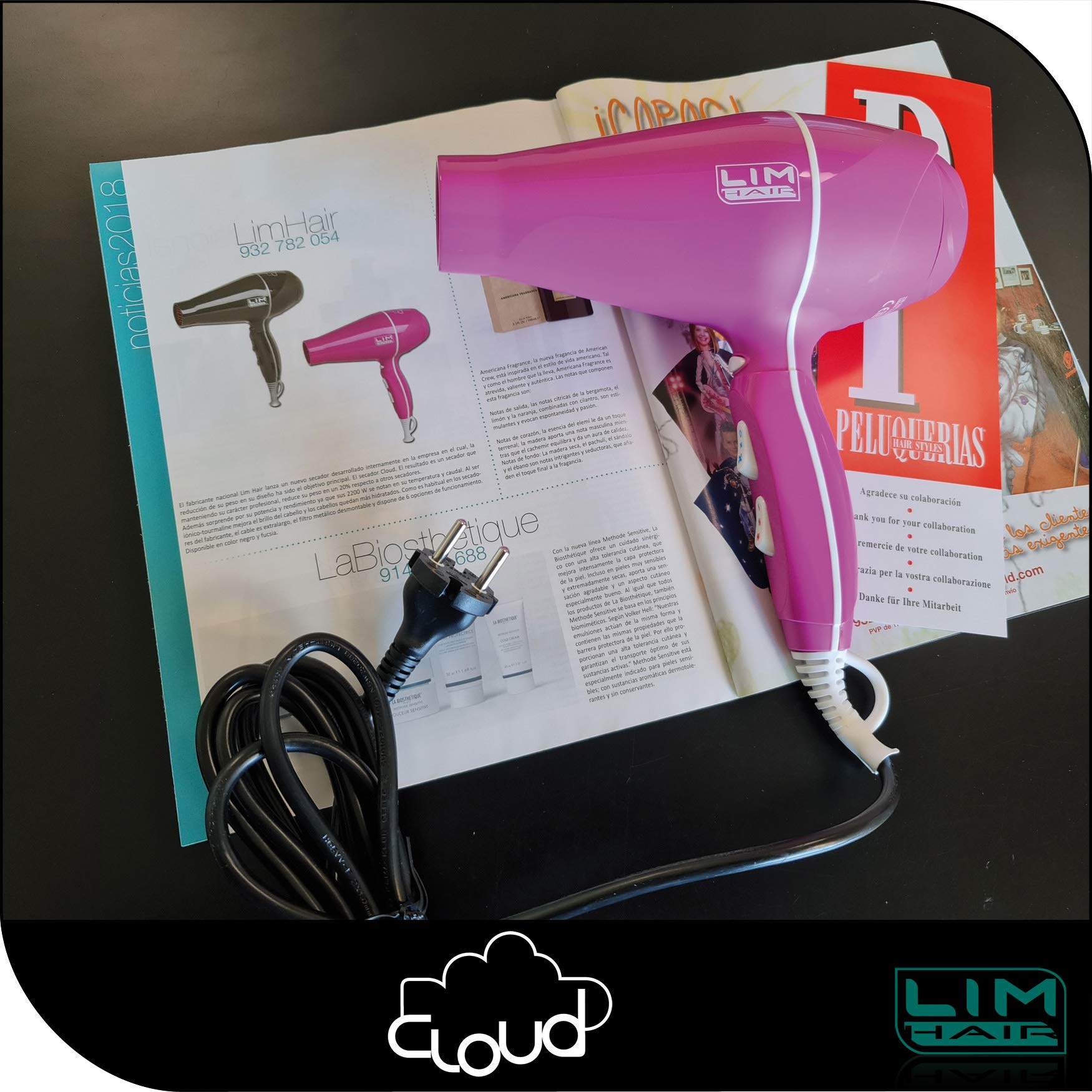 Secador de cabello LIM HAIR CLOUD especialmente LIGERO para uso PROFESIONAL, de alta potencia 2200 W. IONIC TOURMALINE. Con 2 boquillas y 6 opciones de uso (FUCSIA)