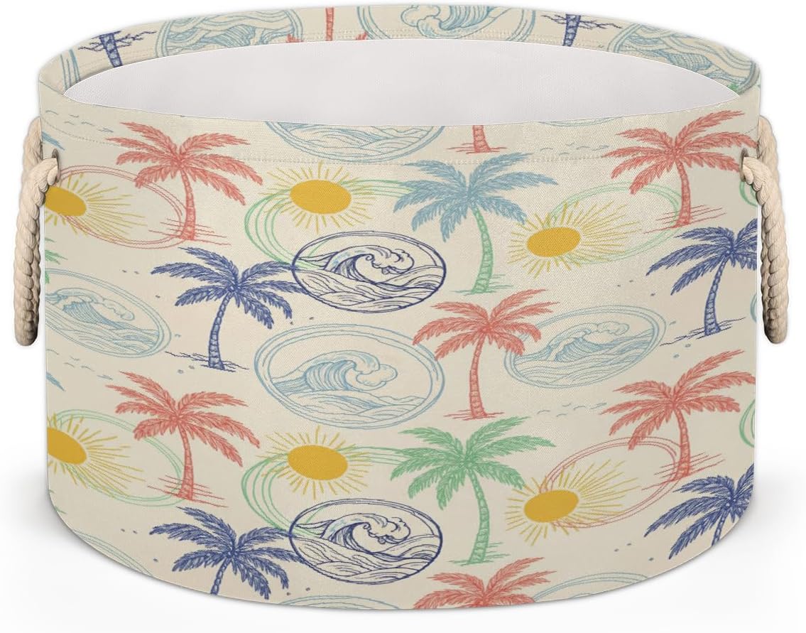Large Storage Baskets, Retro Palm Tree Nursery Round Collapsible Organizer Bin Box, Laundry Hamper for Kids Toys, Blanket, Bedroom Living Room Home Decor, Gift Basket, 19.4"x13.3"