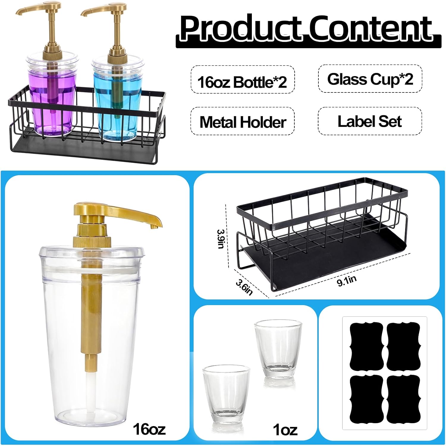16oz Clear Mouthwash Dispenser with Pump Glass Cup, Mouthwash Container Set with Tray for Bathroom Organizer, 2 Pcs Large Opening Easy to Fill Dispenser Bottle for Mouth Wash Syrup Lotion