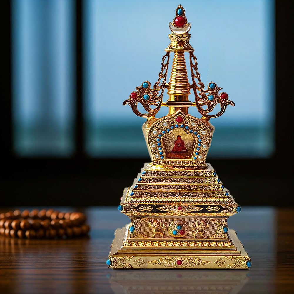 zenmood Stupa tibetana de aleación de aluminio dorado, 24 cm, decoración de santuario budista con incrustaciones de piedras preciosas intrincadas