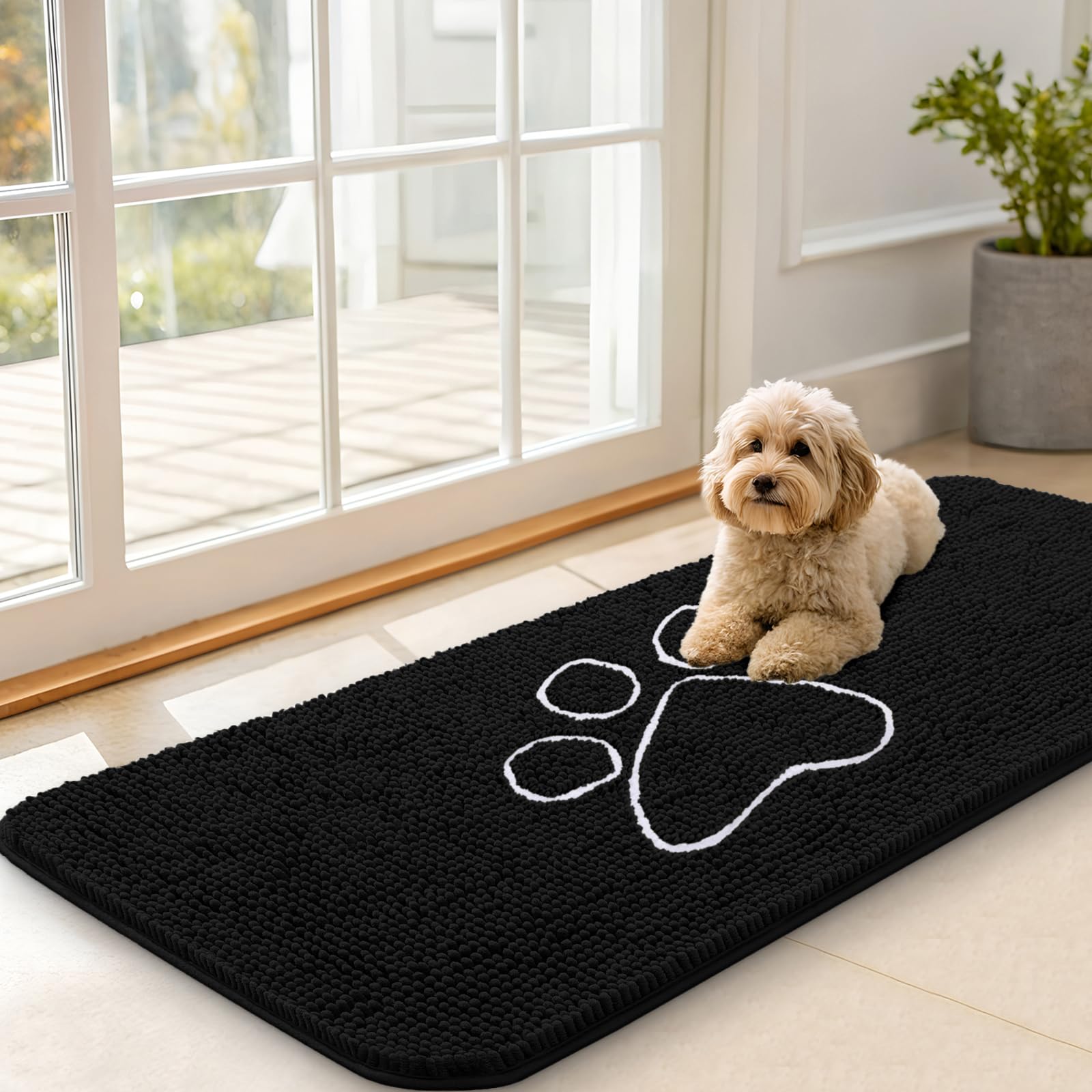 OLANLY Dog Door Mat for Muddy Paws 47x20, Paw Print Design Chenille Mud Mat